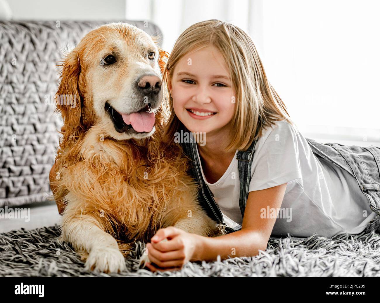 Girl with golden retriever dog Stock Photo - Alamy