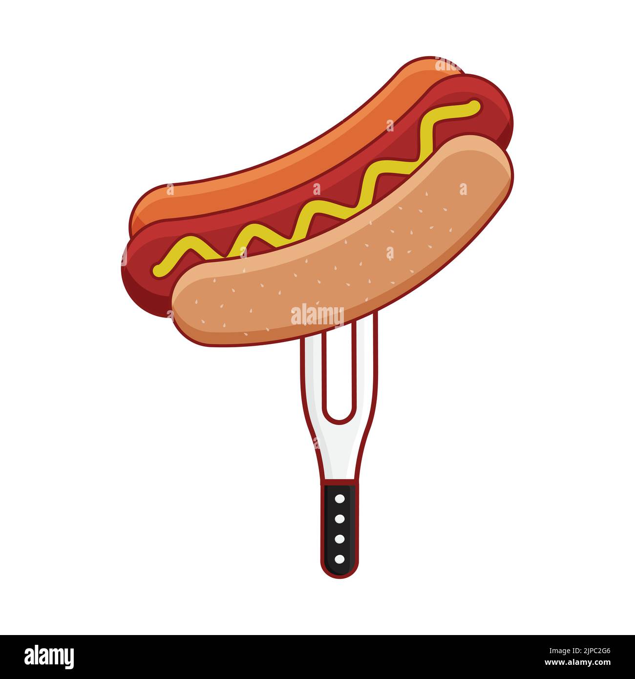 Isolated Hotdog On Fork Over White Background. Stock Vector