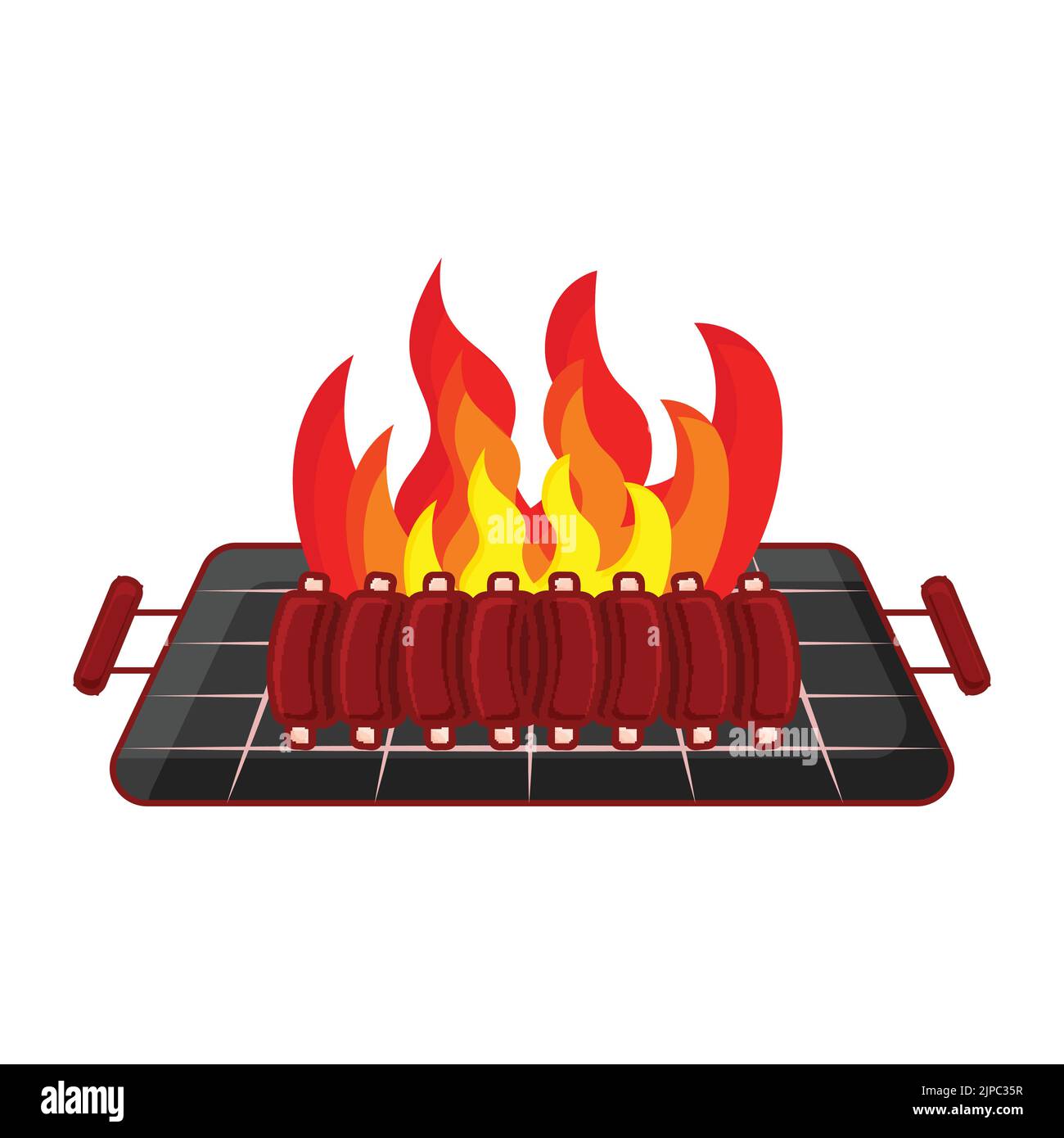 Rib Roast On Flaming Barbecue Grill On White Background. Stock Vector