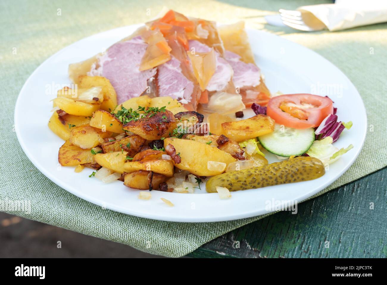 Fried potatoes or german fries with sauerfleisch (soured and pickled meat in jelly), traditional dish in Germany and Austria served on a white plate, Stock Photo