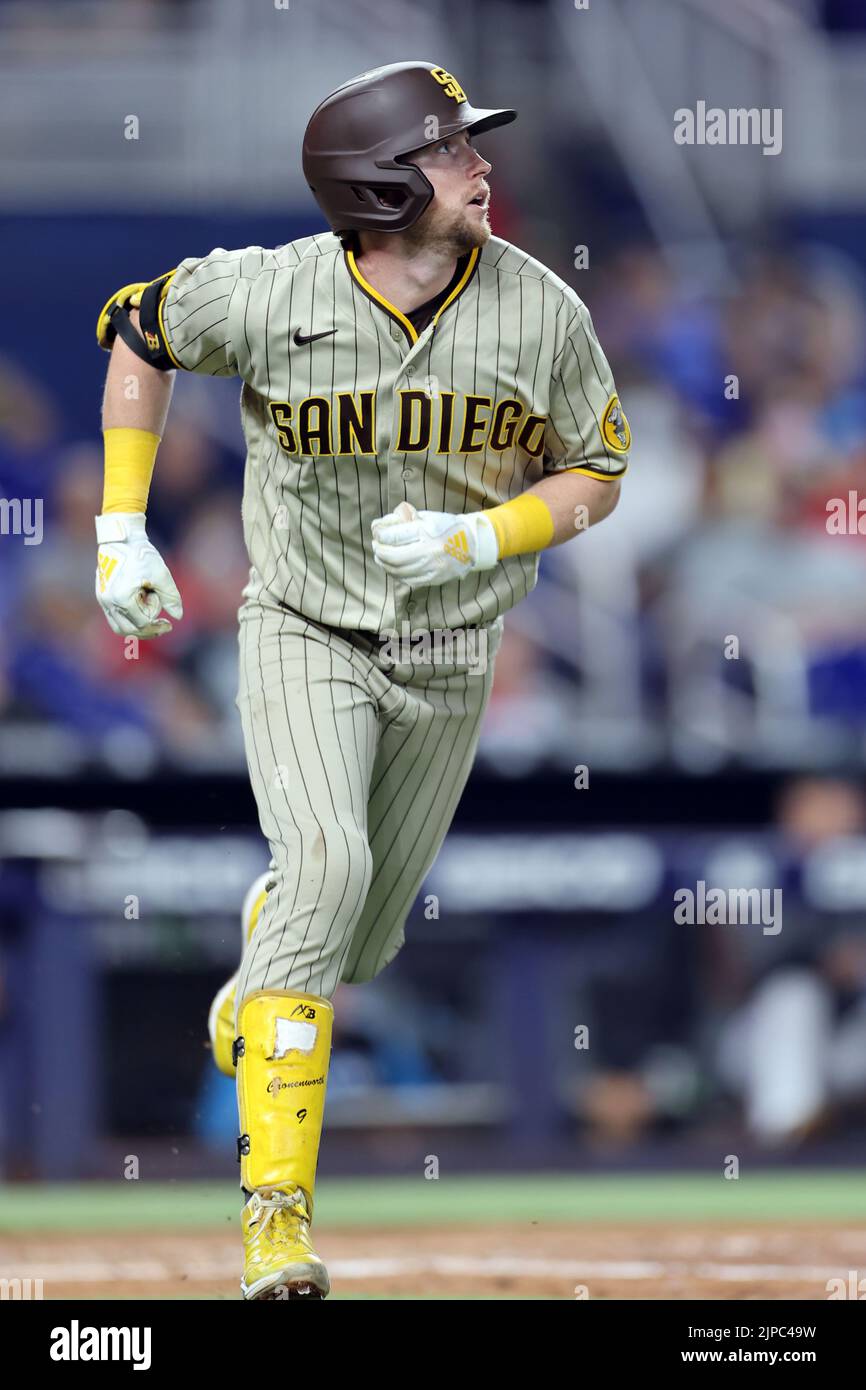 Miami, United States. 15th Aug, 2022. Miami, FL. USA; San Diego Padres second baseman Jake Cronenworth (9) runs on a ball hit to the outfield during a major league baseball game against the Miami Marlins, Monday, August 15, 2022, at LoanDepot Park. The Marlins beat the Padres 3-0. (Kim Hukari/Image of Sport) Photo via Credit: Newscom/Alamy Live News Stock Photo