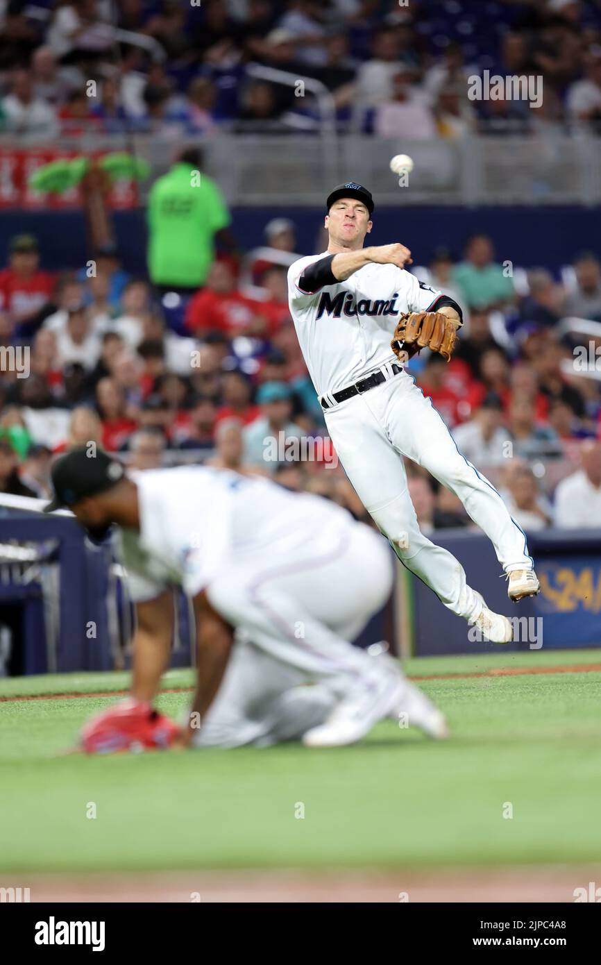Miami, United States. 15th Aug, 2022. Miami, FL. USA; Miami Marlins second baseman Joey Wendle (18) fields a ball and throws to first for the out during a major league baseball game against the San Diego Padres, Monday, August 15, 2022, at LoanDepot Park. The Marlins beat the Padres 3-0. (Kim Hukari/Image of Sport) Photo via Credit: Newscom/Alamy Live News Stock Photo