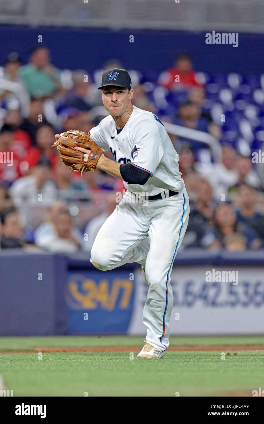 Miami, United States. 15th Aug, 2022. Miami, FL. USA; Miami Marlins second baseman Joey Wendle (18) fields a ball and throws to first for the out during a major league baseball game against the San Diego Padres, Monday, August 15, 2022, at LoanDepot Park. The Marlins beat the Padres 3-0. (Kim Hukari/Image of Sport) Photo via Credit: Newscom/Alamy Live News Stock Photo