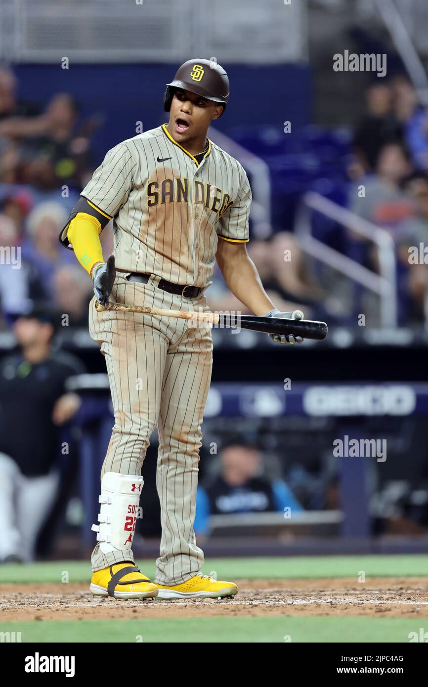 Miami, United States. 15th Aug, 2022. Miami, FL. USA; San Diego Padres right fielder Juan Soto (22) was surprised at the third strike called by home plate umpire Dan Iassonga during a major league baseball game against the Miami Marlins, Monday, August 15, 2022, at LoanDepot Park. The Marlins beat the Padres 3-0. (Kim Hukari/Image of Sport) Photo via Credit: Newscom/Alamy Live News Stock Photo