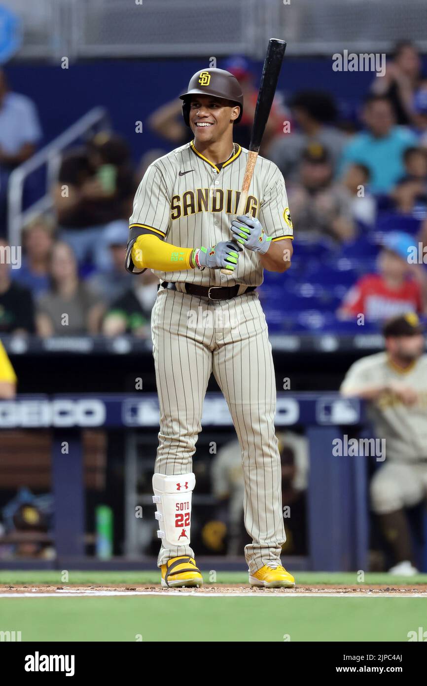 Miami, United States. 15th Aug, 2022. Miami, FL. USA; San Diego Padres right fielder Juan Soto (22) comes to the plate during a major league baseball game against the Miami Marlins0, Monday, August 15, 2022, at LoanDepot Park. The Marlins beat the Padres 3-0. (Kim Hukari/Image of Sport) Photo via Credit: Newscom/Alamy Live News Stock Photo