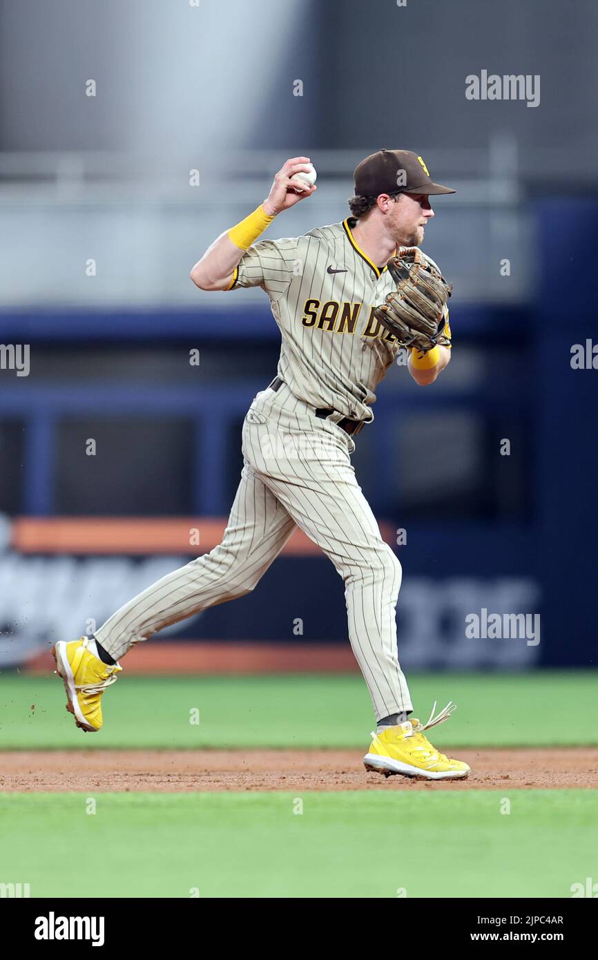 Miami, United States. 15th Aug, 2022. Miami, FL. USA; San Diego Padres second baseman Jake Cronenworth (9) turns a double play on a ball hit by Miami Marlins center fielder JJ Bleday (67) during a major league baseball game, Monday, August 15, 2022, at LoanDepot Park. The Marlins beat the Padres 3-0. (Kim Hukari/Image of Sport) Photo via Credit: Newscom/Alamy Live News Stock Photo
