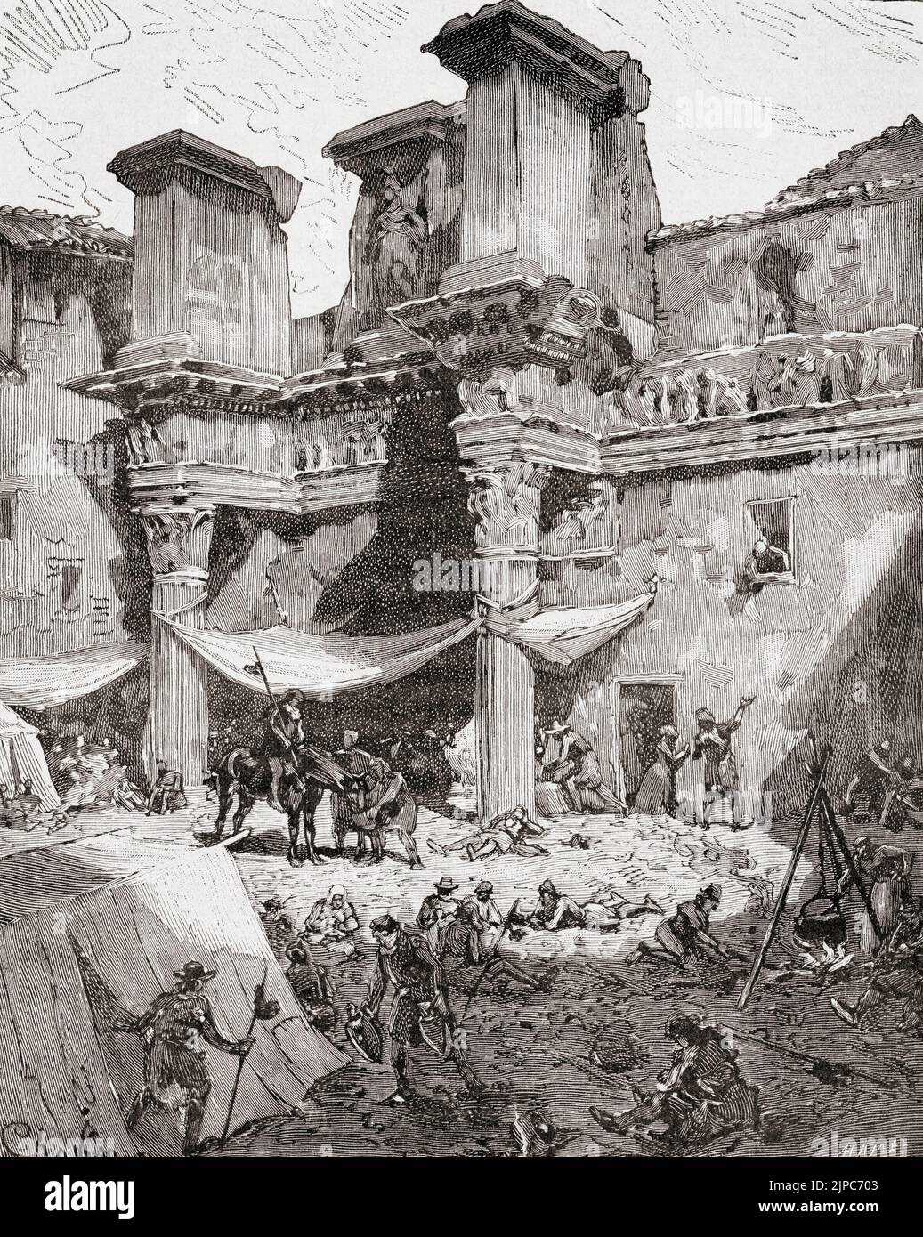 In the year 1300 Pope Boniface VIII convoked a holy year during which slaves and prisoners would be freed, debts would be forgiven and the mercies of God would be particularly manifest, people came from far and wide and camped in the streets and squares of Rome.  From Histoire de France, published 1855. Stock Photo
