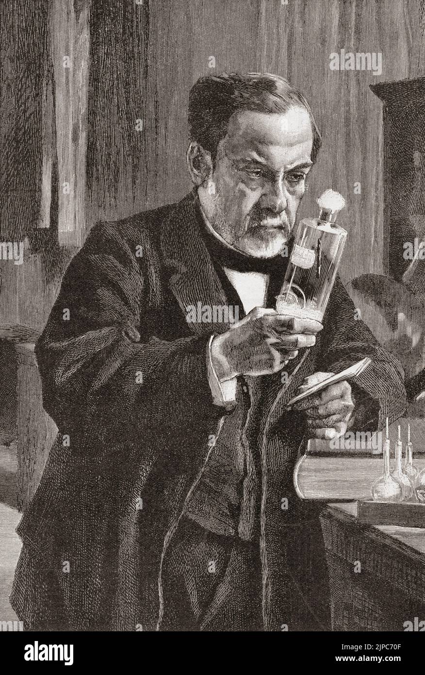 Louis Pasteur in his laboratory.  Louis Pasteur, 1822 - 1895.  French chemist and microbioligist who discovered, amongst other things, pasteurization and the principlies of vaccination.  He was also an early modern proponent of the germ theory of diseases.  After an illustration in an 1893 edition of Frank Leslie's Illustrated Newspaper. Stock Photo