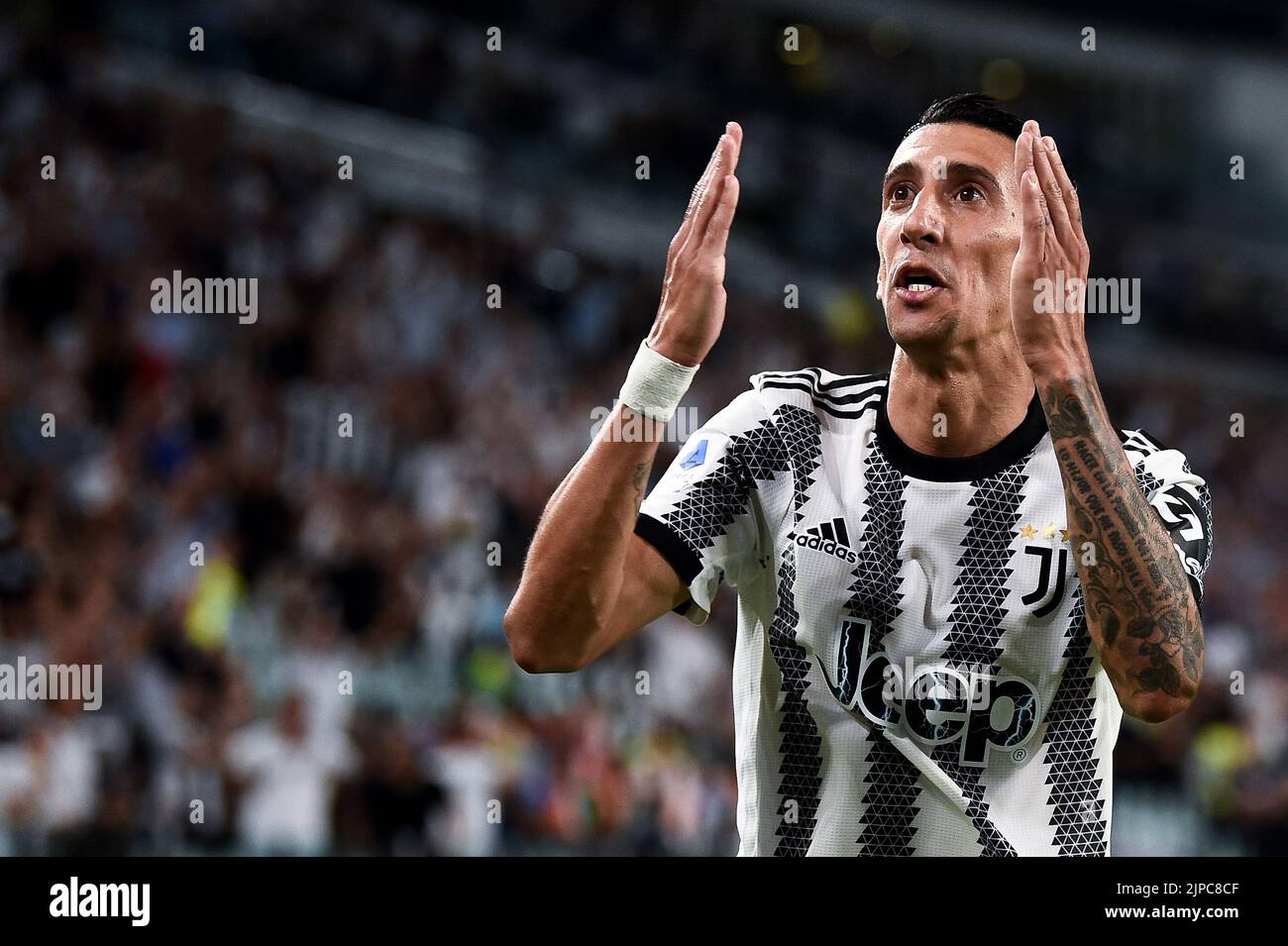 Turin, Italy. 15 August 2022. Angel Di Maria of Juventus FC celebrates after scoring a goal during the Serie A football match between Juventus FC and US Sassuolo. Credit: Nicolò Campo/Alamy Live News Stock Photo