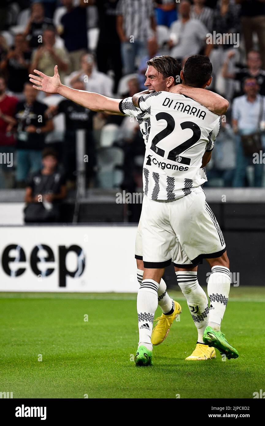 Turin, Italy. 15 August 2022. Dusan Vlahovic of Juventus FC celebrates with Angel Di Maria of Juventus FC after scoring a goal during the Serie A football match between Juventus FC and US Sassuolo. Credit: Nicolò Campo/Alamy Live News Stock Photo