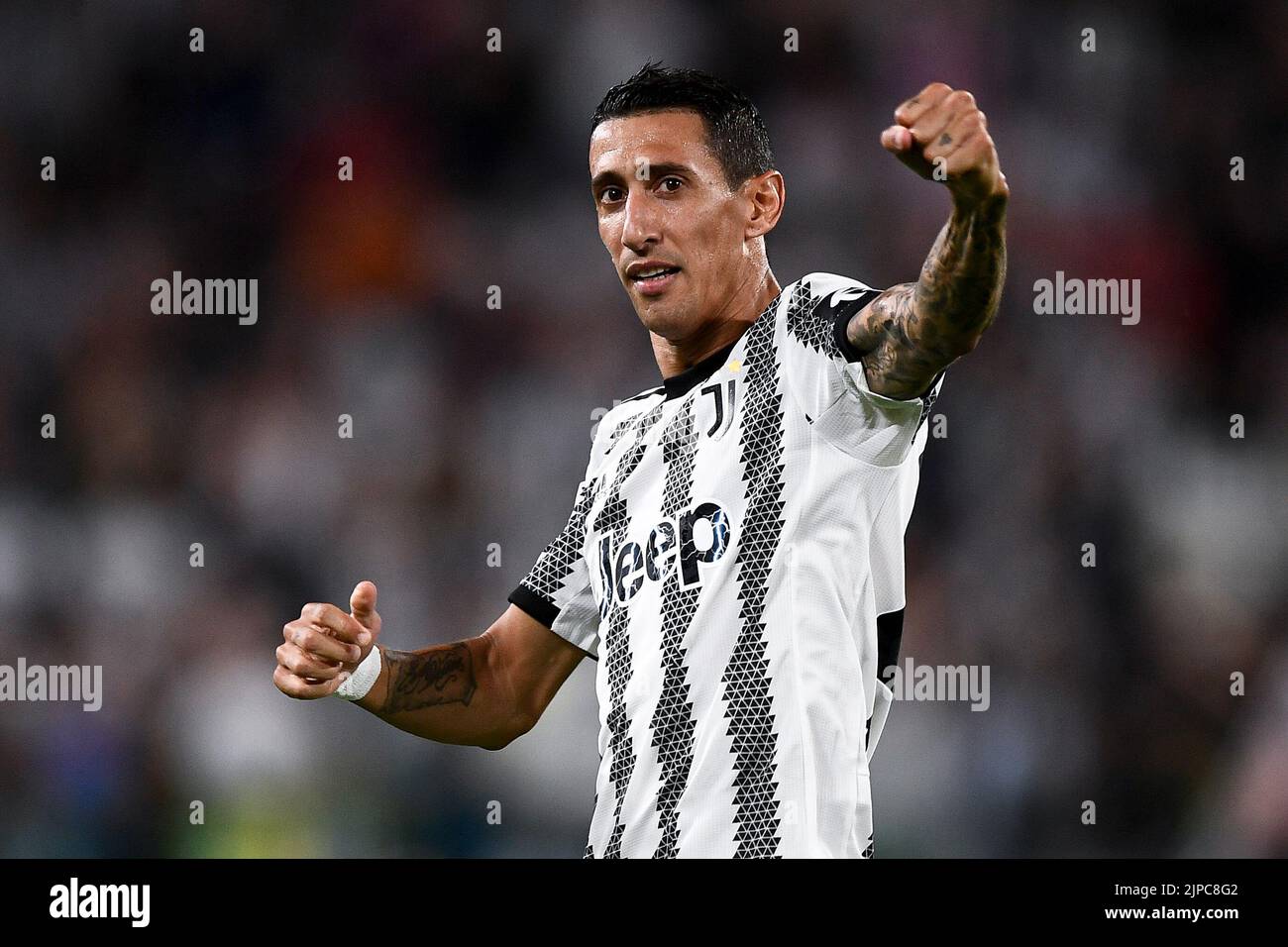 Turin, Italy. 15 August 2022. Angel Di Maria of Juventus FC celebrates after scoring a goal during the Serie A football match between Juventus FC and US Sassuolo. Credit: Nicolò Campo/Alamy Live News Stock Photo