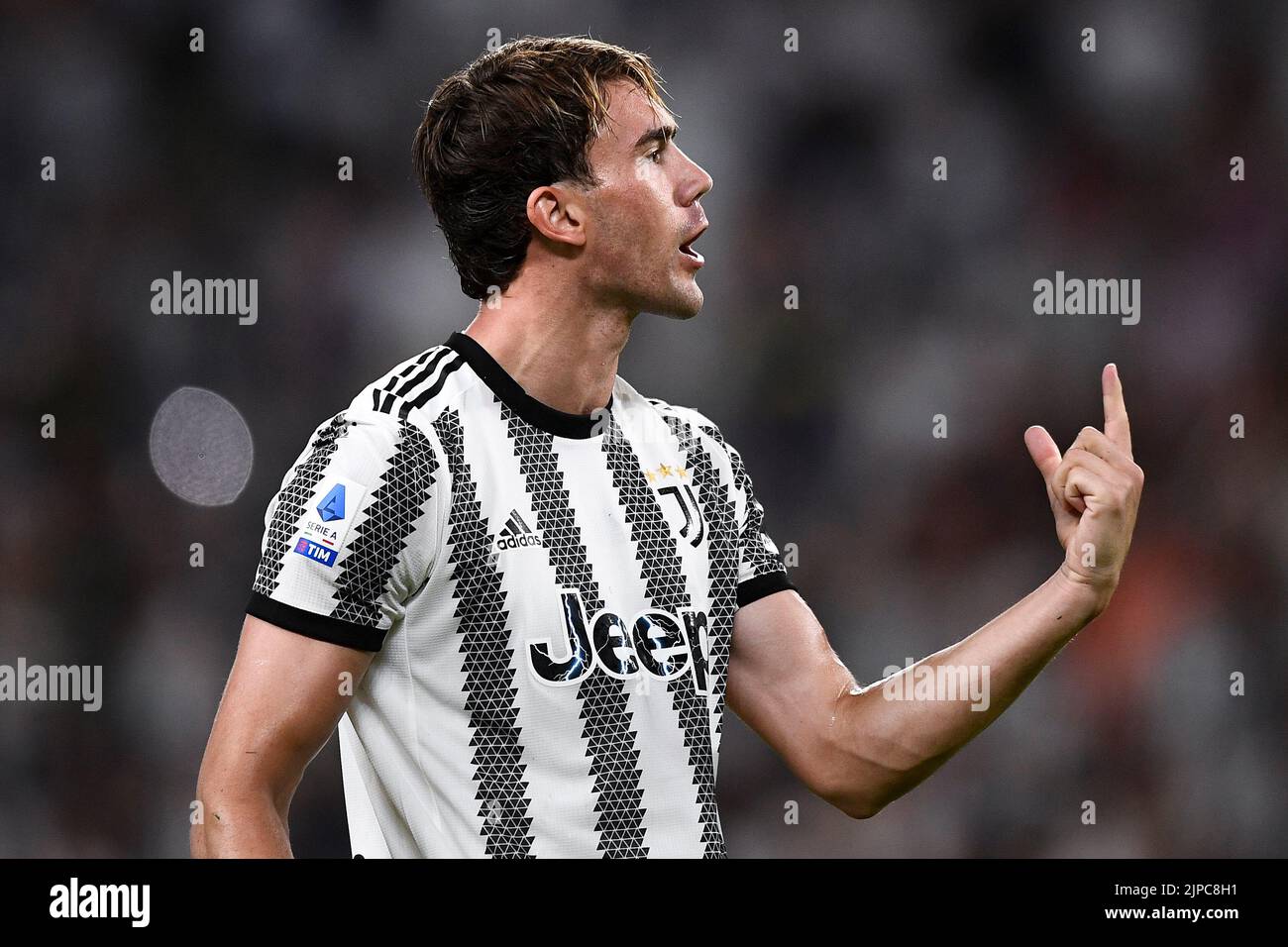 Turin, Italy. 15 August 2022. Dusan Vlahovic of Juventus FC celebrates after scoring a goal from a penalty kick during the Serie A football match between Juventus FC and US Sassuolo. Credit: Nicolò Campo/Alamy Live News Stock Photo