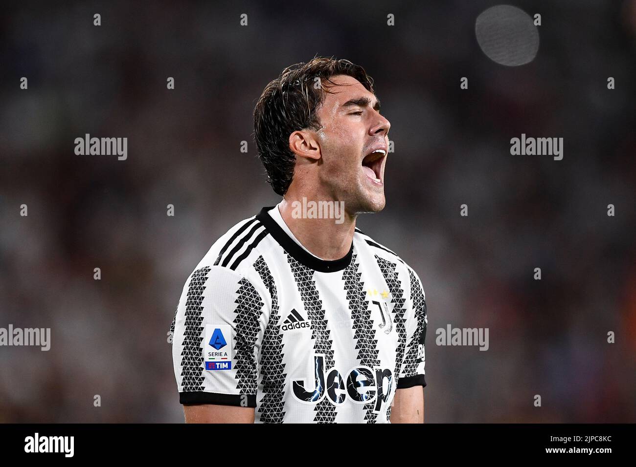 Turin, Italy. 15 August 2022. Dusan Vlahovic of Juventus FC reacts during the Serie A football match between Juventus FC and US Sassuolo. Credit: Nicolò Campo/Alamy Live News Stock Photo