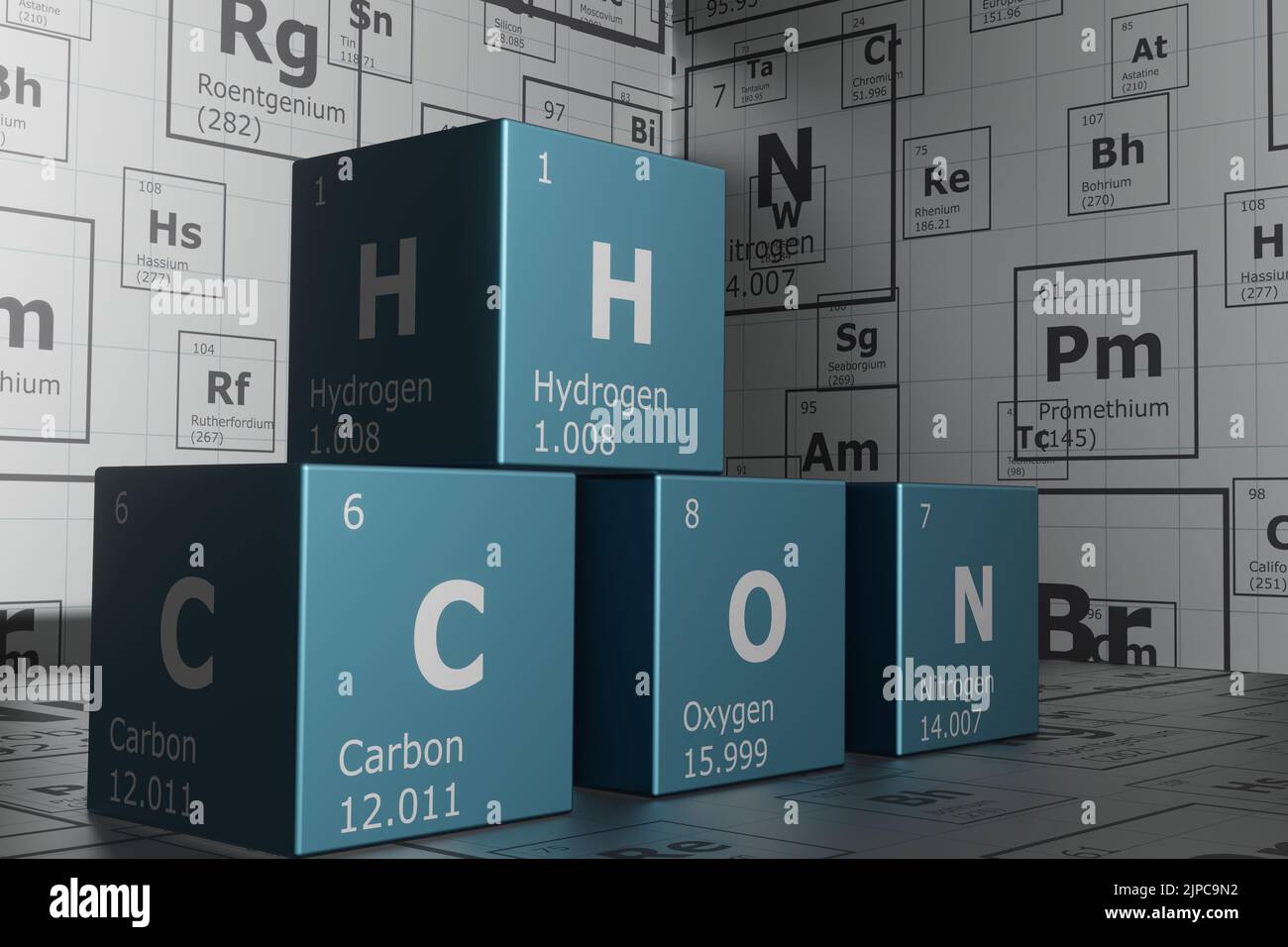 3D rendering of the elements of the periodic table, carbon, hydrogen ...