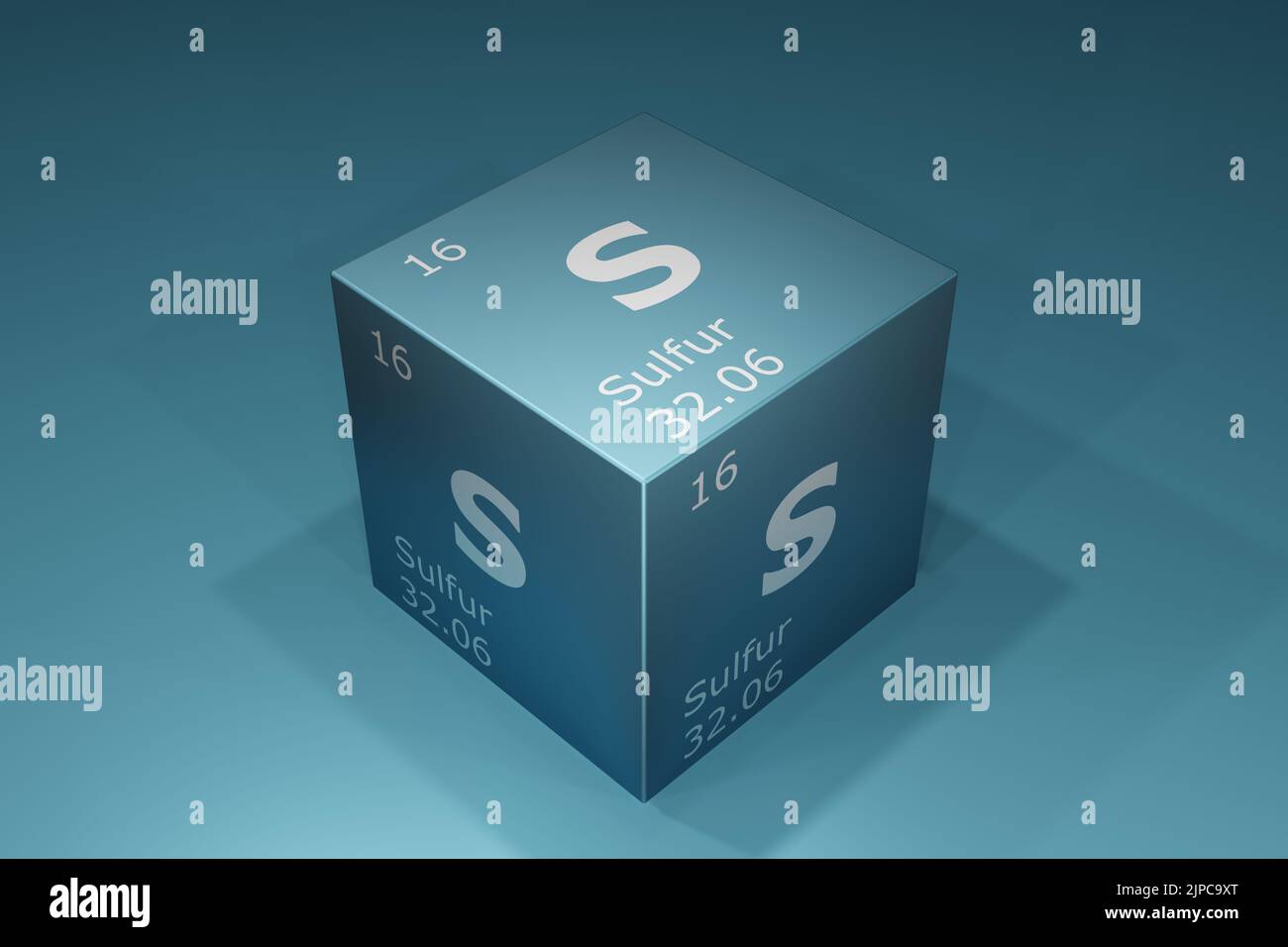 Sulfur, 3D rendering of symbols of the elements of the periodic table, atomic number, atomic