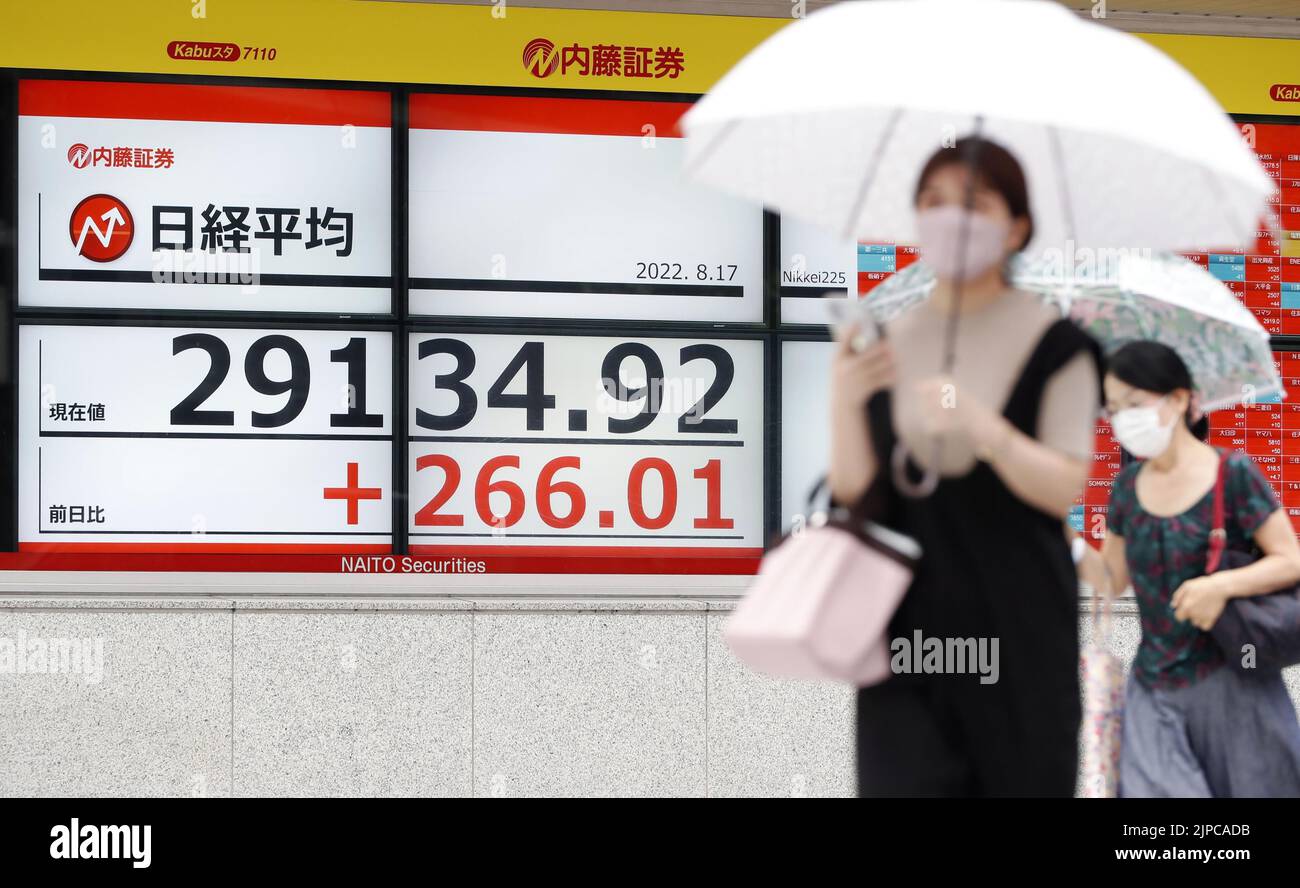 A stock monitor on a street in Tokyo shows the Nikkei Stock Average topping the 29,000 mark for the first time in about seven months on Aug. 17, 2022. (Kyodo)==Kyodo Photo via Credit: Newscom/Alamy Live News Stock Photo