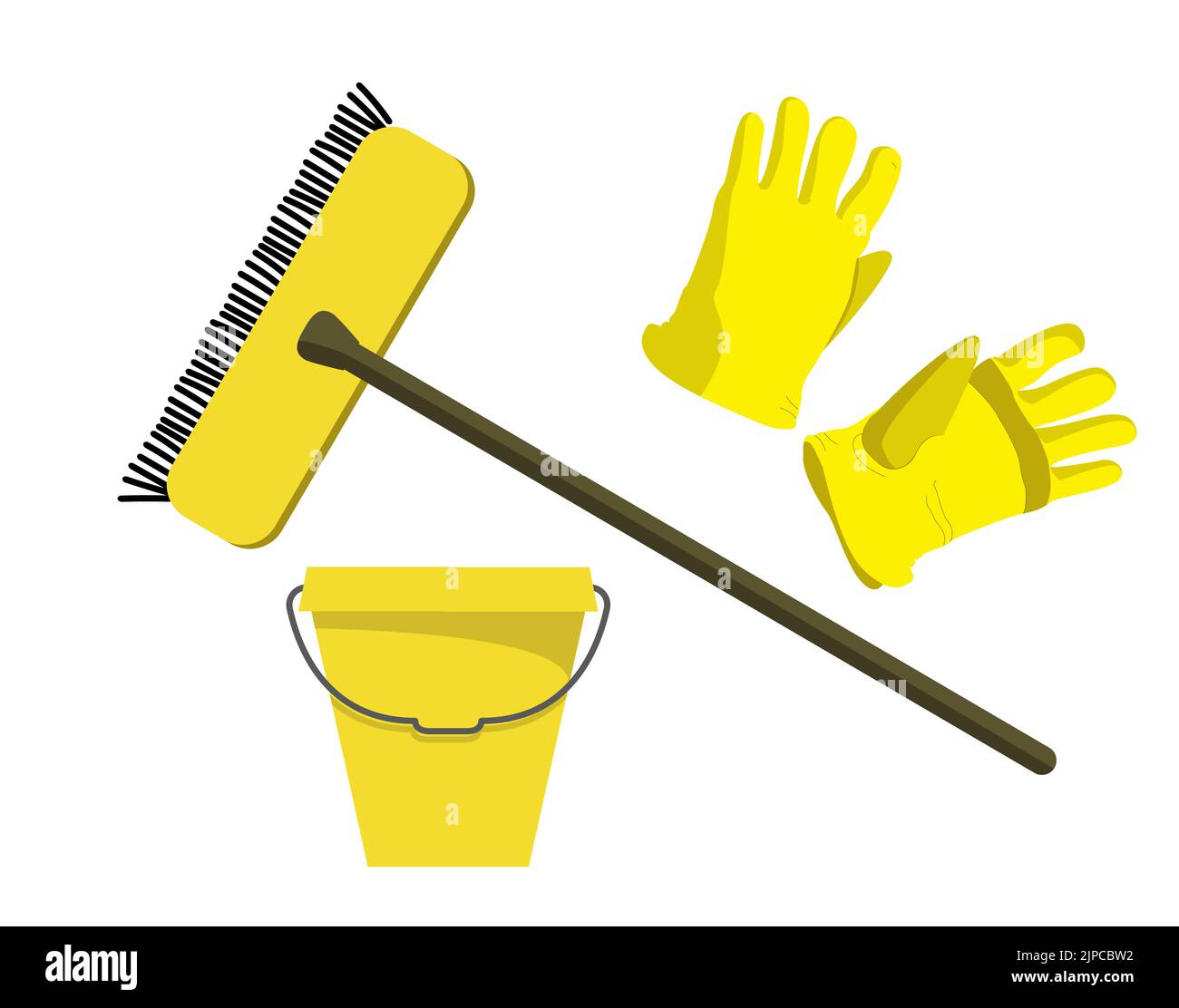 Yellow home cleaning set: mop, bucket and rubber gloves Stock Vector