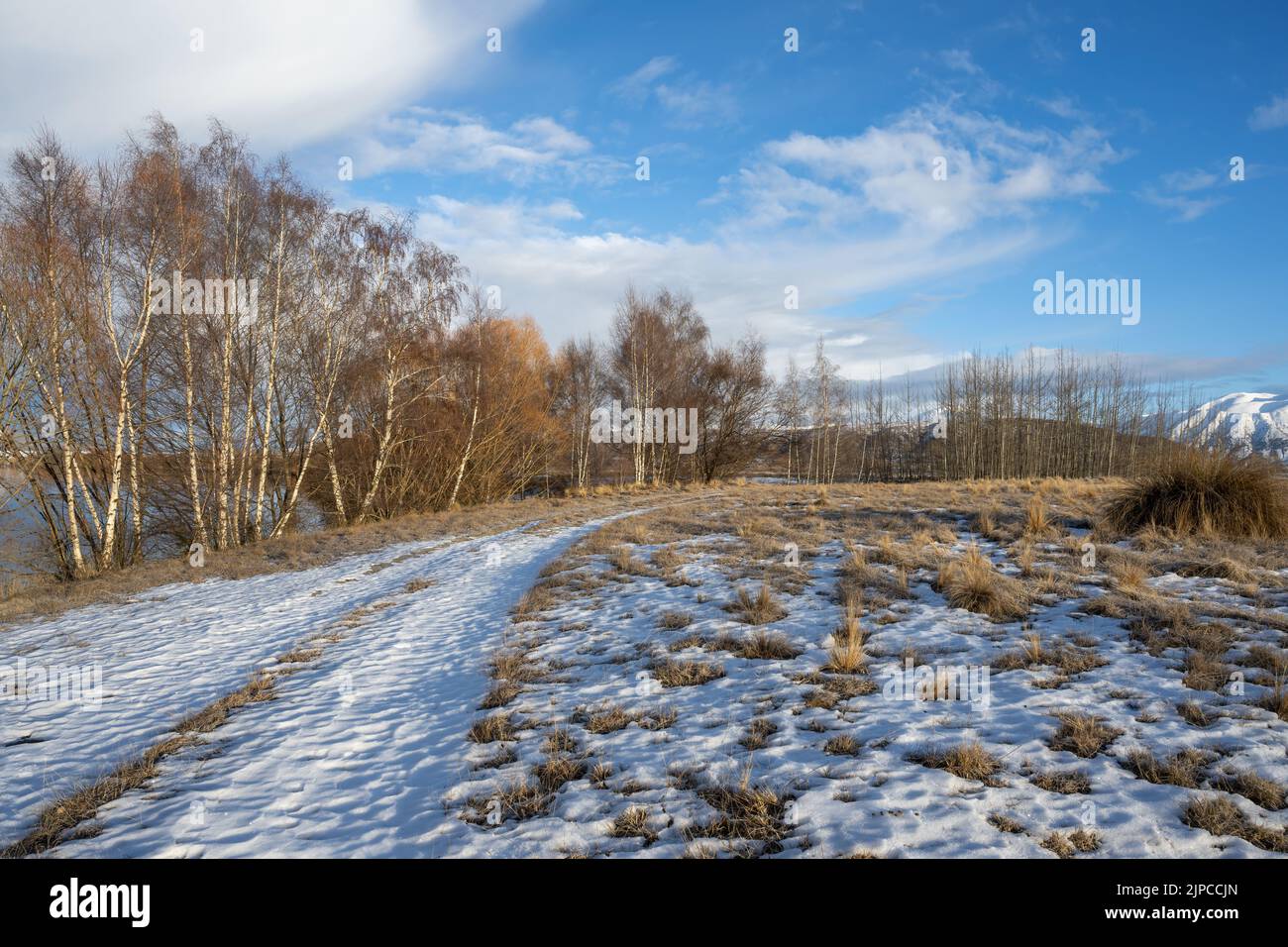 Ground and mountains covered by fresh snow, Twizel, South Island. Stock Photo