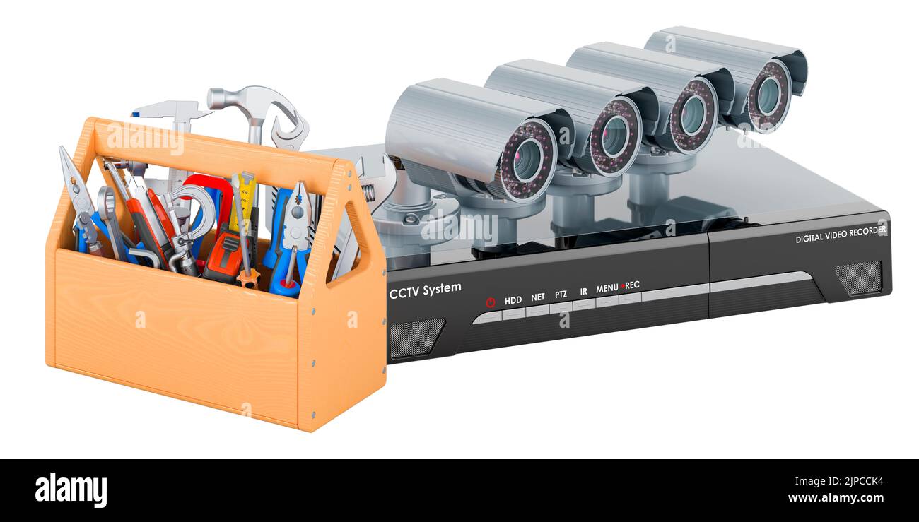 CCTV system digital video recorder with tool box. Repair and service of