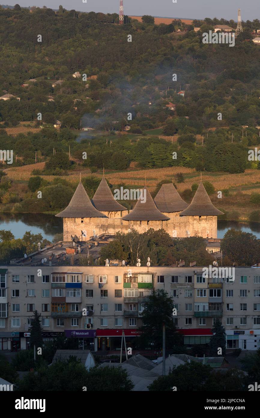02.09.2016, Soroca, Rajon Soroca, Republic of Moldova - View in the direction of the apartment block, Soroca Fortress and the border river Dnister, Uk Stock Photo