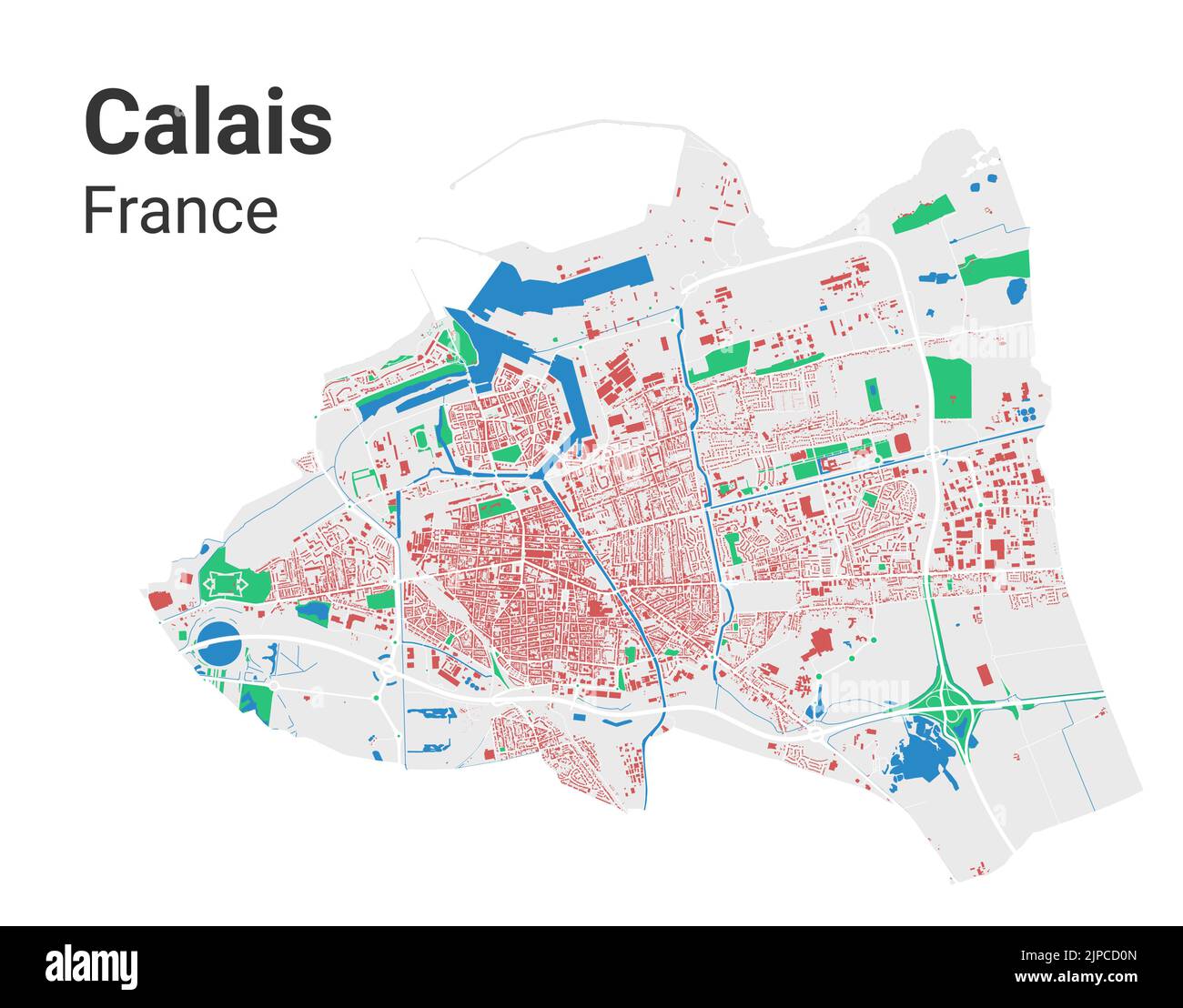 Calais vector map. Detailed map of Calais city administrative area. Cityscape panorama. Royalty