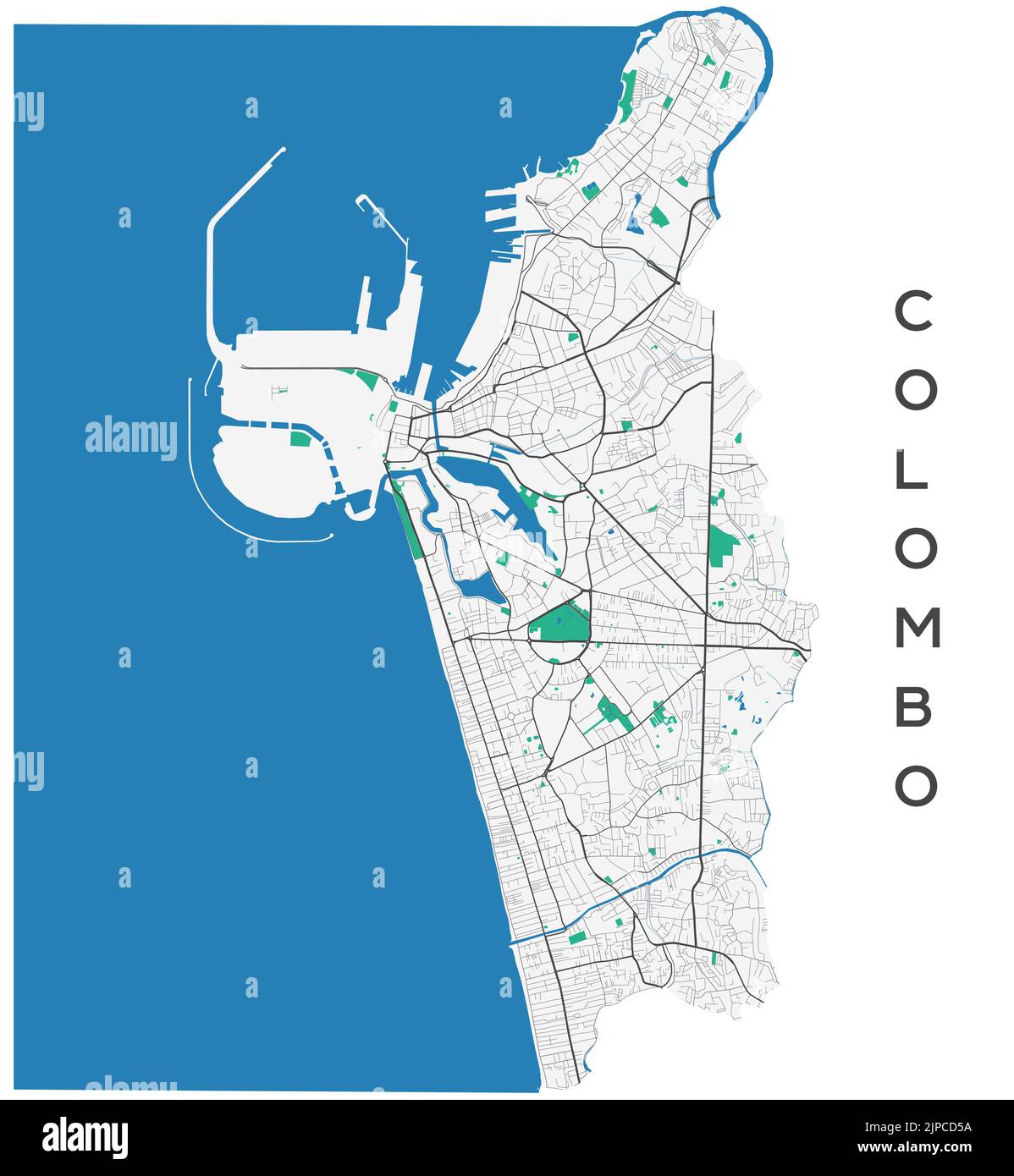 Colombo vector map. Detailed map of Colombo city administrative area. Cityscape panorama. Royalty free vector illustration. Road map with highways, ri Stock Vector