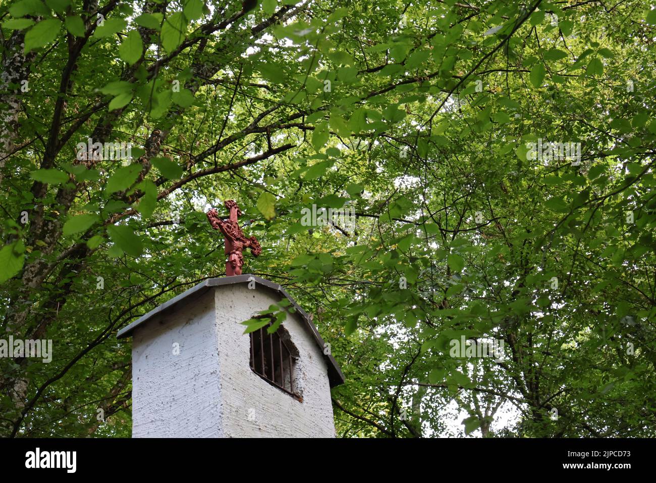A low angle shot of Hottinger Bild dome with a cross against green branches in Innsbruck, Austria Stock Photo