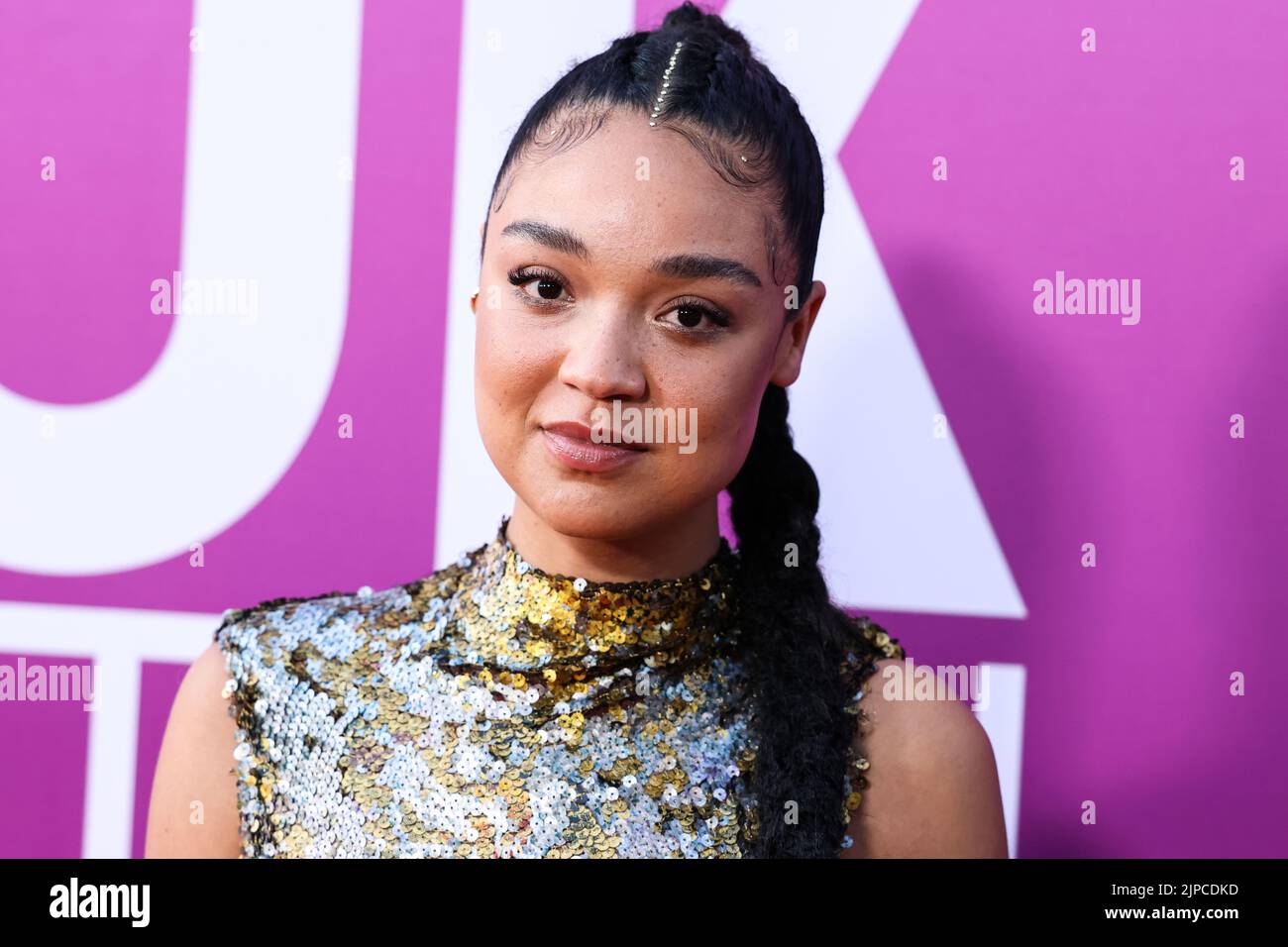 HOLLYWOOD, LOS ANGELES, CALIFORNIA, USA - AUGUST 16: Australian actress Aisha Dee arrives at the Los Angeles Premiere Of Netflix's 'Look Both Ways' held at the Netflix Tudum Theater on August 16, 2022 in Hollywood, Los Angeles, California, United States. (Photo by Xavier Collin/Image Press Agency) Stock Photo