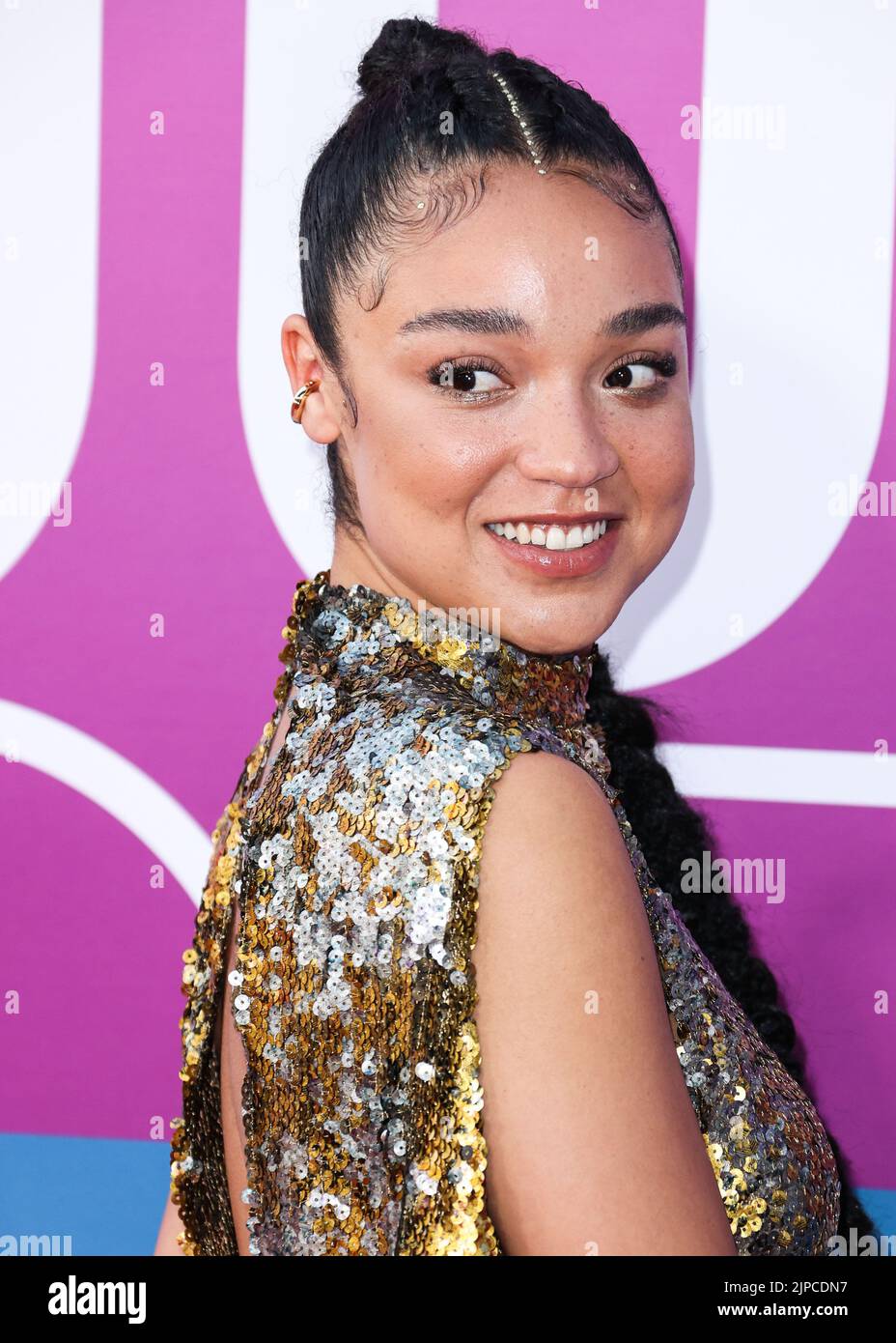 HOLLYWOOD, LOS ANGELES, CALIFORNIA, USA - AUGUST 16: Australian actress Aisha Dee arrives at the Los Angeles Premiere Of Netflix's 'Look Both Ways' held at the Netflix Tudum Theater on August 16, 2022 in Hollywood, Los Angeles, California, United States. (Photo by Xavier Collin/Image Press Agency) Stock Photo