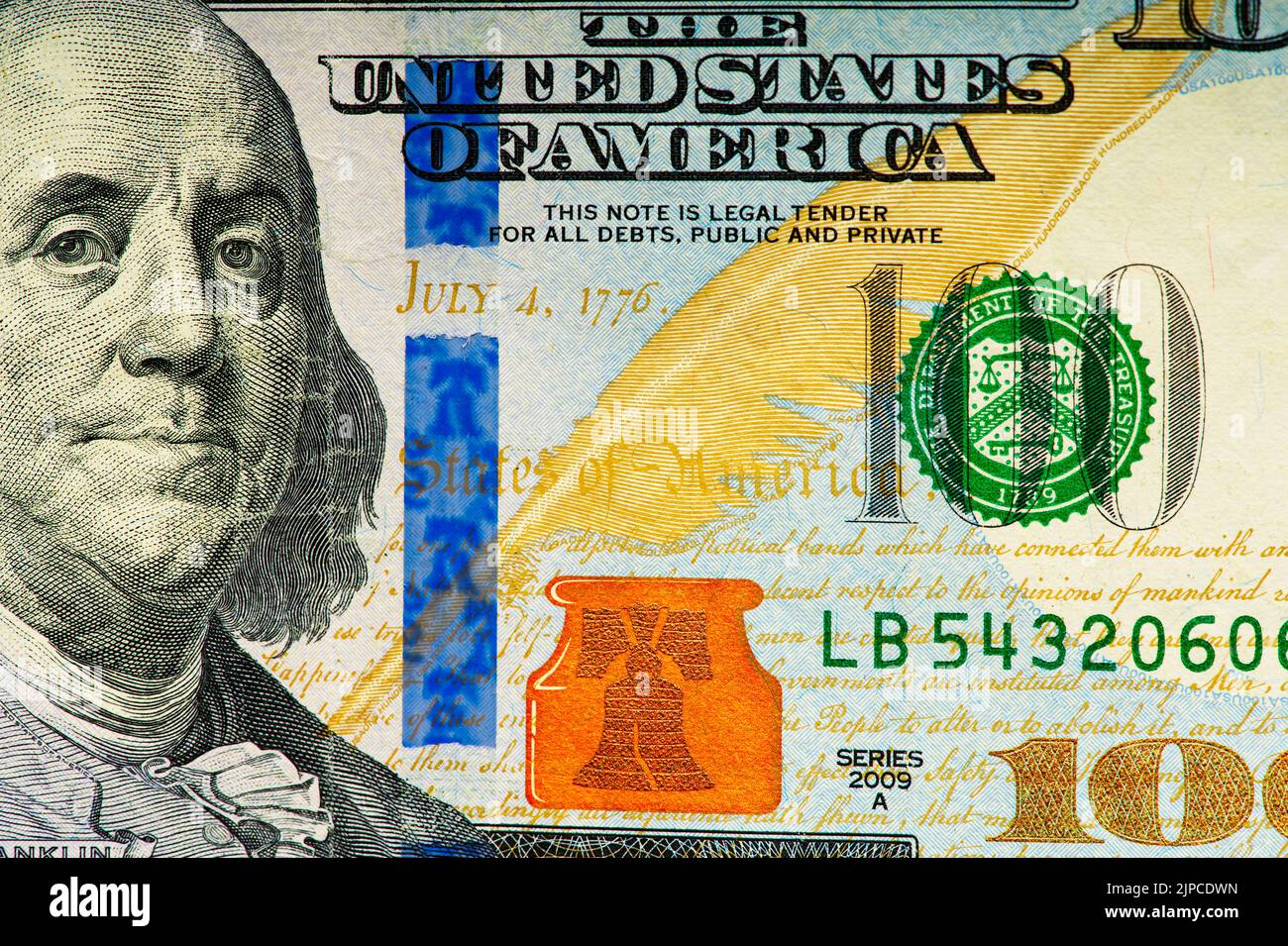 Large fragment of 100 hundred dollars bill banknote. Old American money