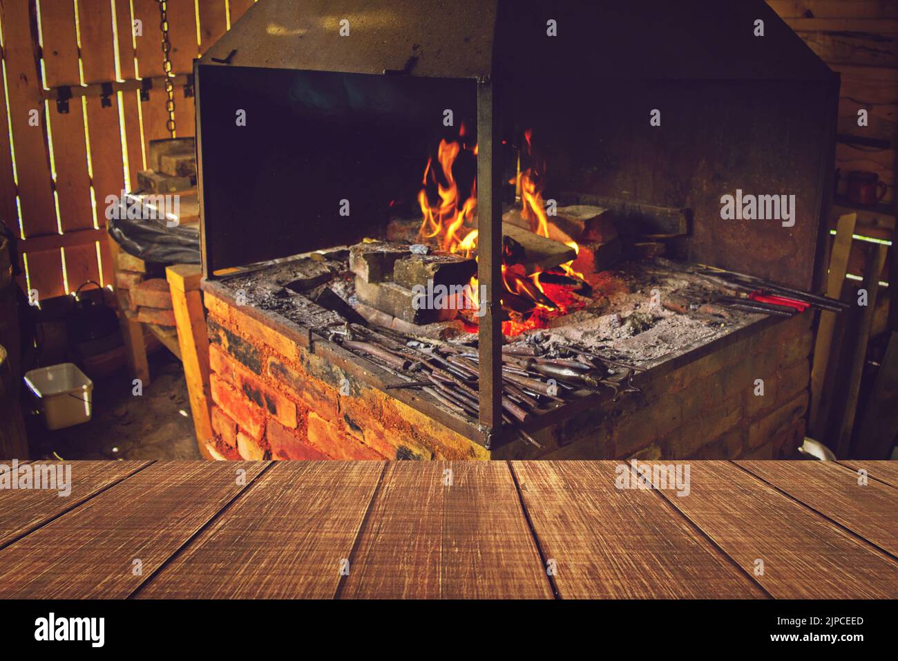 Interior of an old Bright fire burning in the furnace.