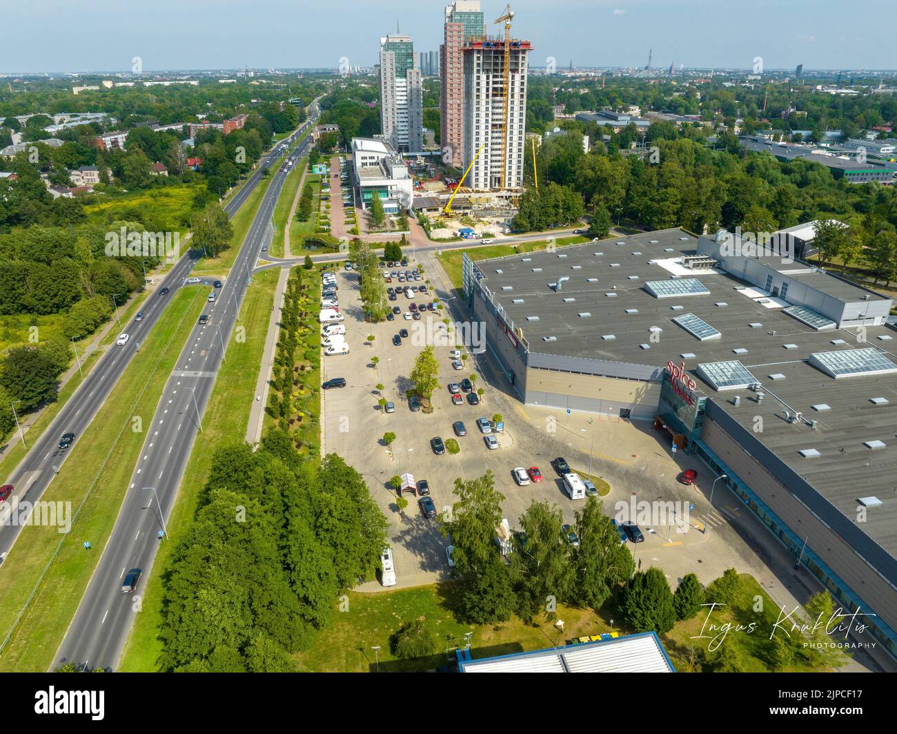 Aerial view of the shopping center SPICE in Riga, Latvia. Largest