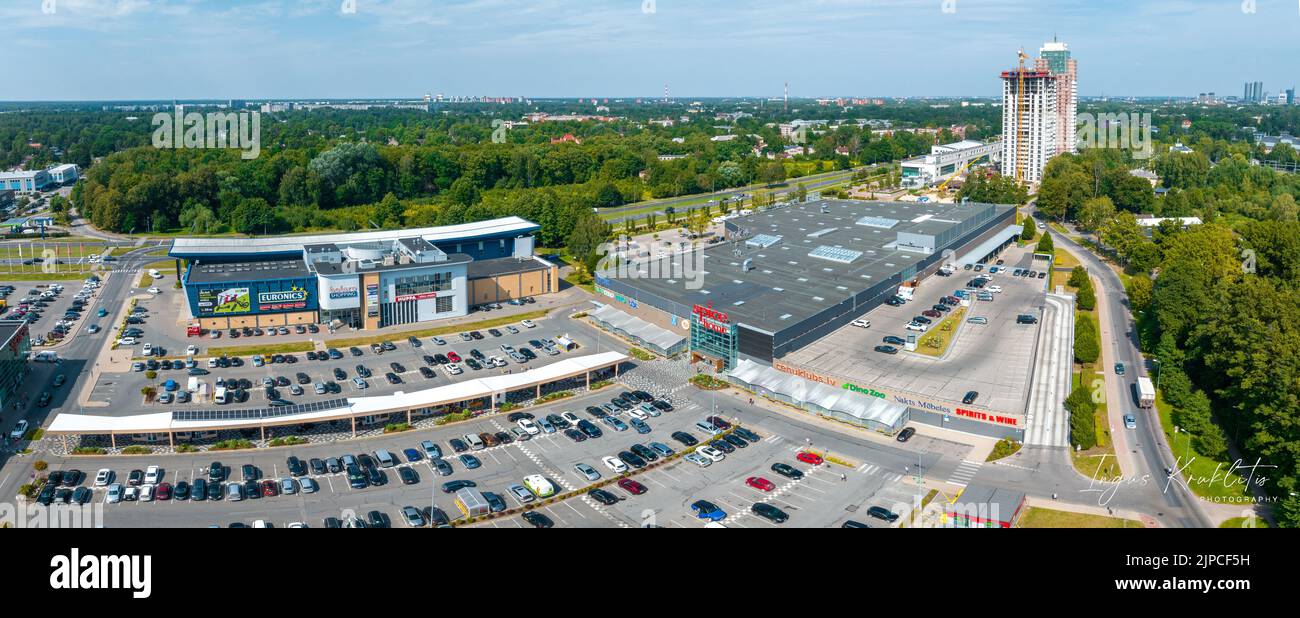 Aerial view of the shopping center SPICE in Riga, Latvia. Largest