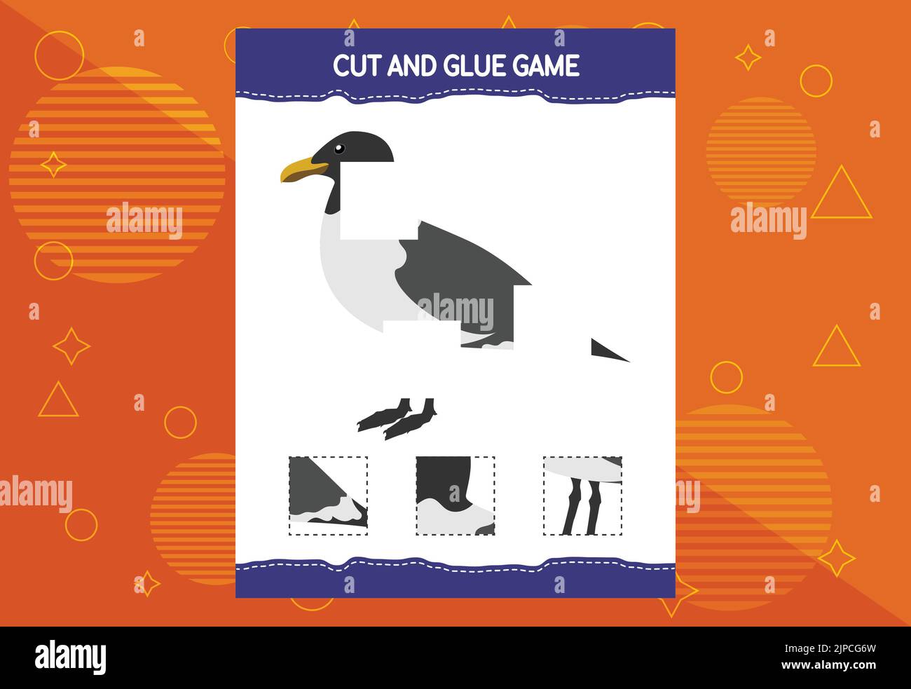 Cut and glue game for kids with birds. Cutting practice for preschoolers. Education worksheet. Stock Vector