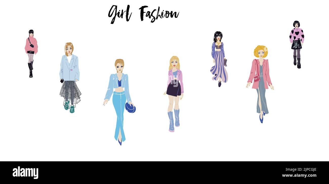 Collection of stylish young women dressed in trendy clothes. Vector ...
