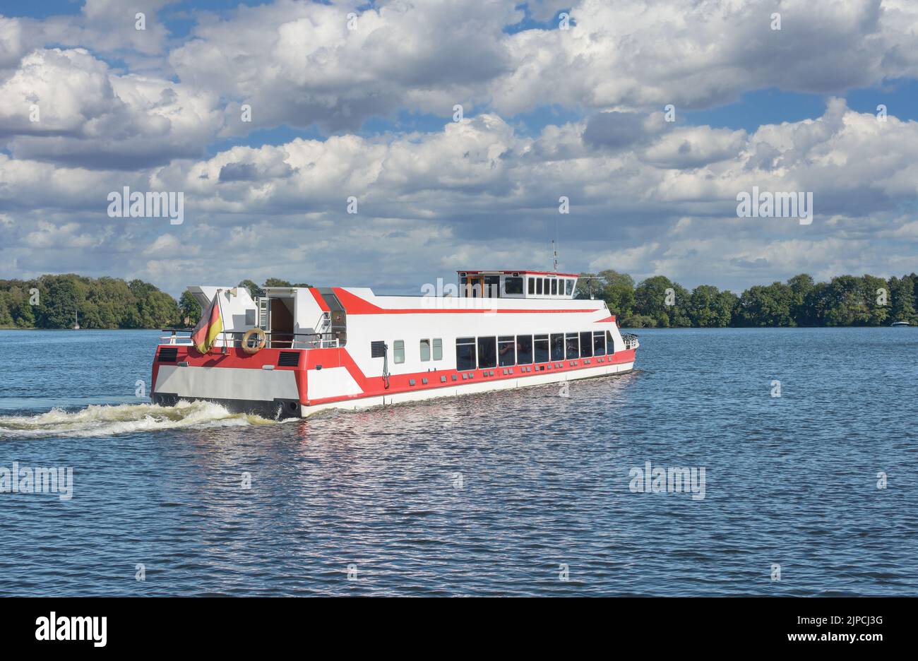 Tourist Boat close to Roebel at Lake Mueritzsee in Mecklenburg Lake District,Germany Stock Photo