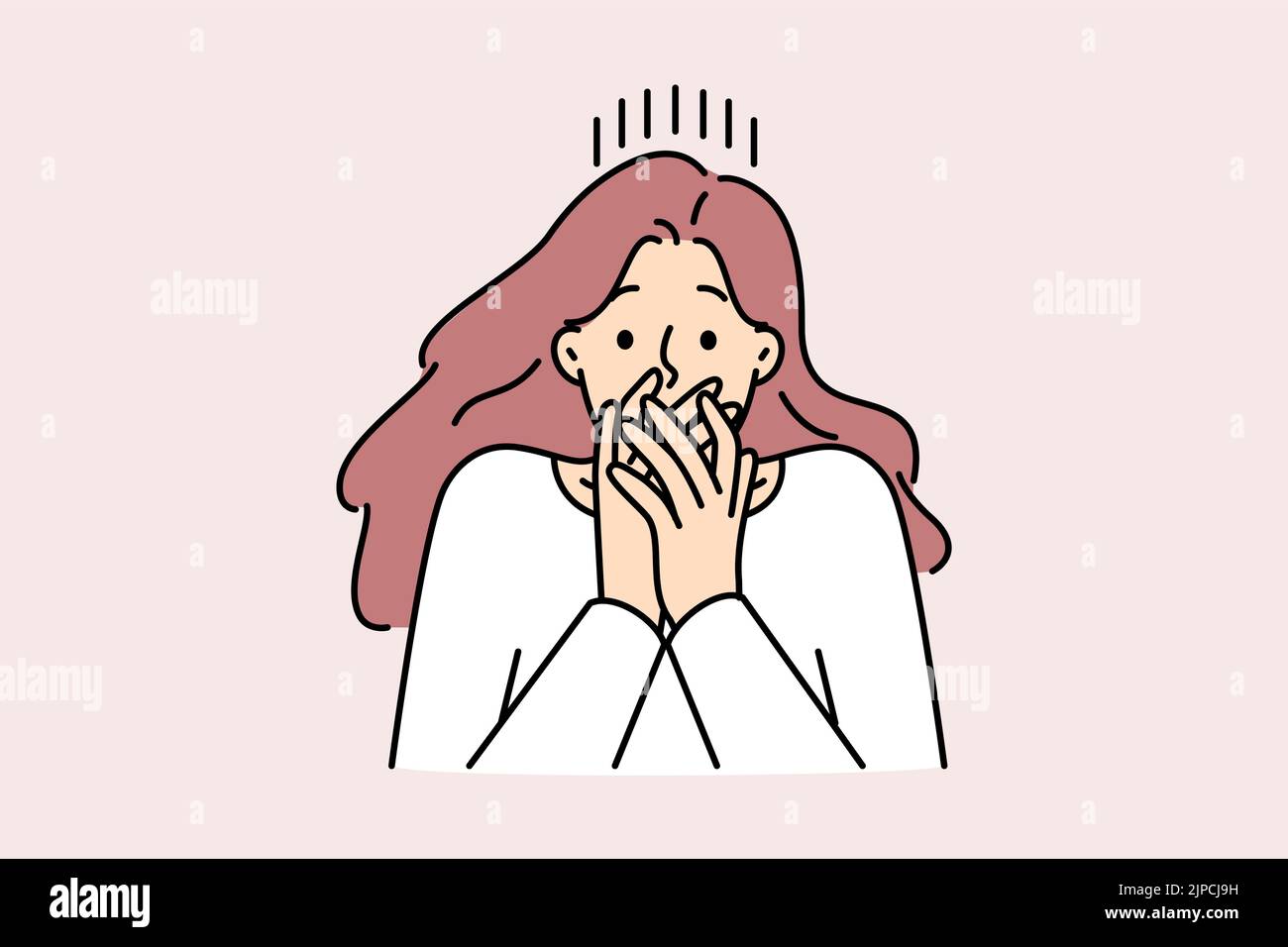 Woman shut mouth frustrated with fear or shock. Stunned female surprised by unbelievable news. Vector illustration.  Stock Vector