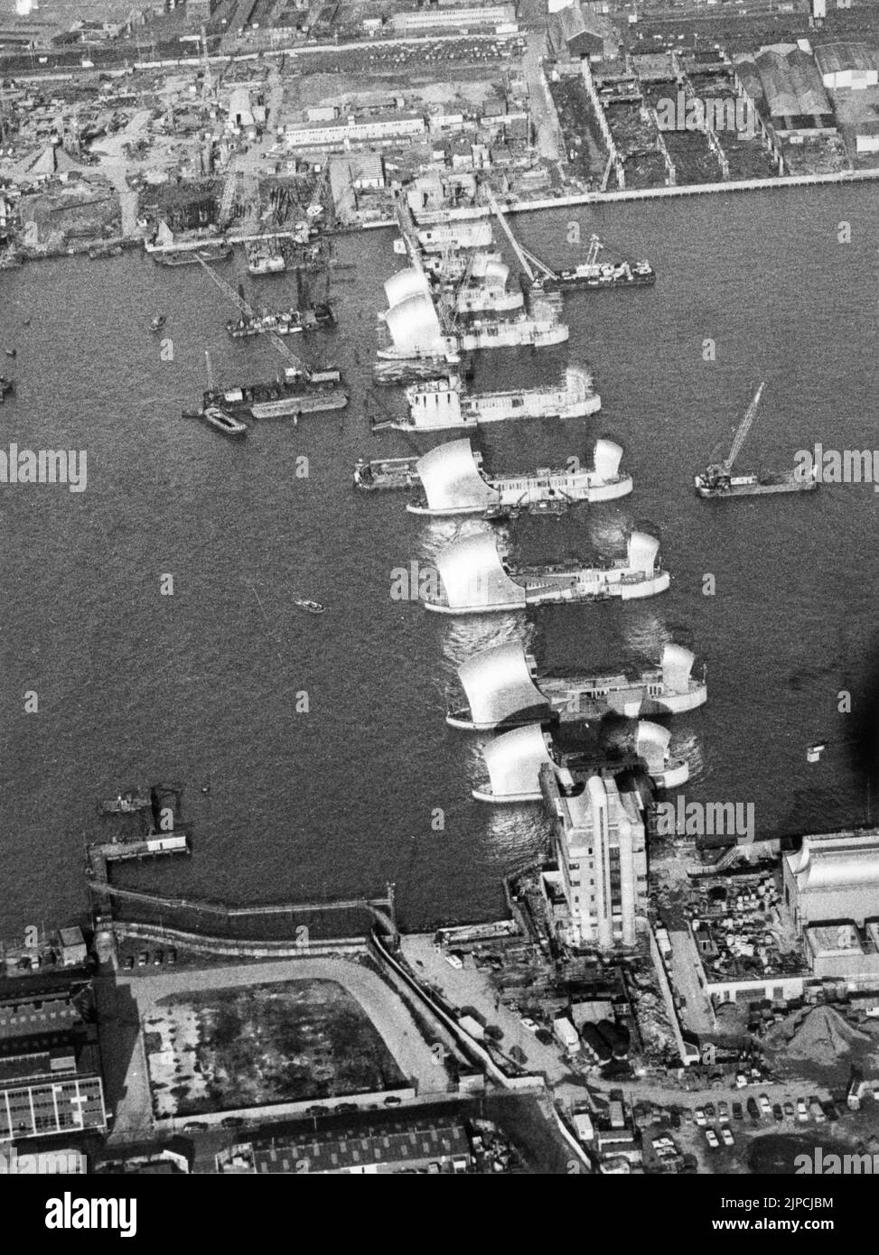 File photo dated 27/01/82 of an aerial shot of the ten gates on the GLC Thames Barrier, a£430 million engineering project to protect London from floods. Consumer Prices Index (CPI) inflation reached 10.1 percent last month, the biggest jump in the cost of living since February 1982, when CPI reached 10.4 percent, according to estimates. Issue date: Wednesday August 17, 2022. Stock Photo