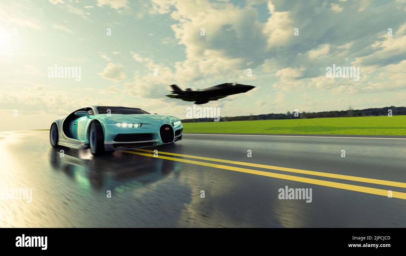 A Bugatti car driving on road with flying airplane in front Stock Photo