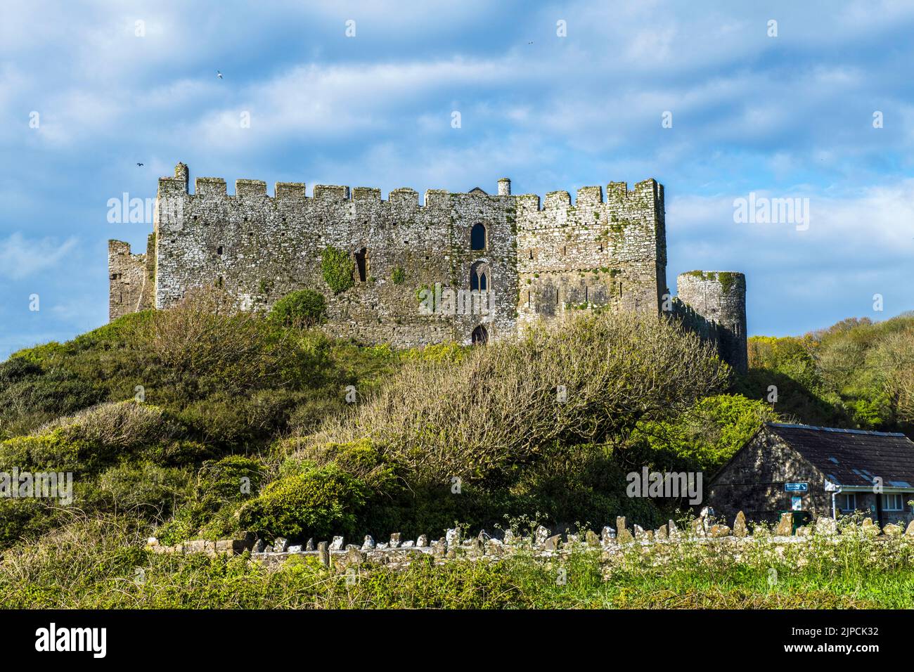 Manorbier Castle in the village of Manorbier on the South Pembrokeshire Coast Stock Photo