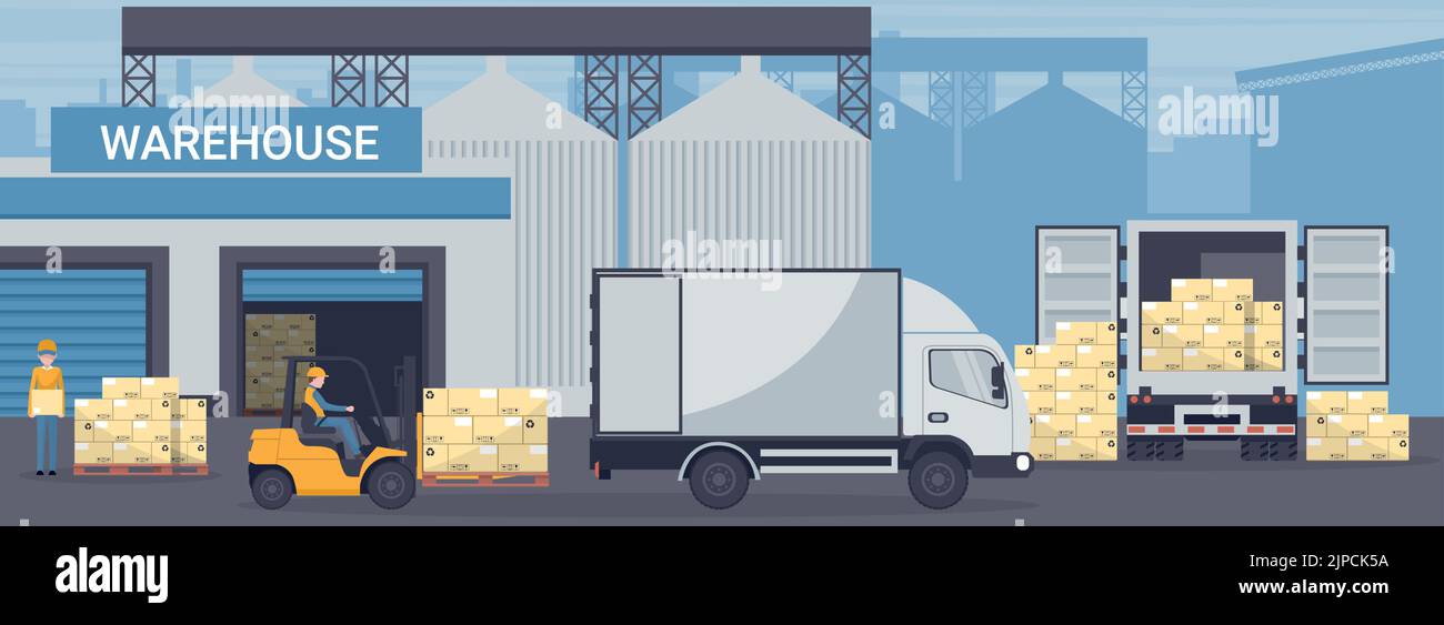 Forklift unloading pallet from cargo container or refrigerated truck to an industrial warehouse. Industrial storage and distribution of products Stock Vector