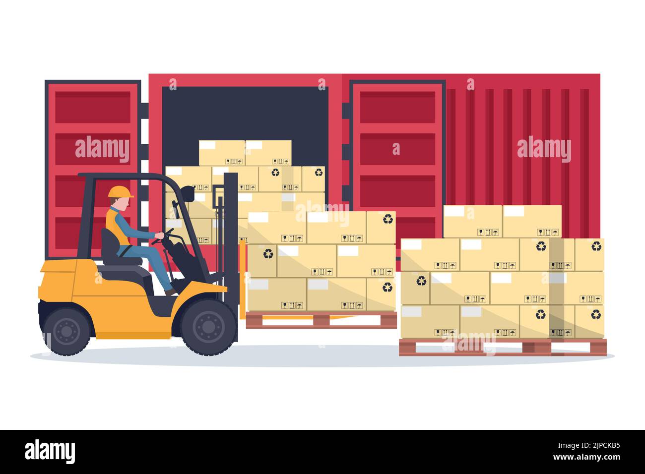 Forklift truck loading pallet with stacked boxes to a red cargo container or shipping container for storage and transportation of merchandise. Industr Stock Vector