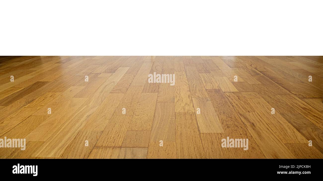 Natural wooden parquet, perspective of wooden floor isolated on white Stock Photo