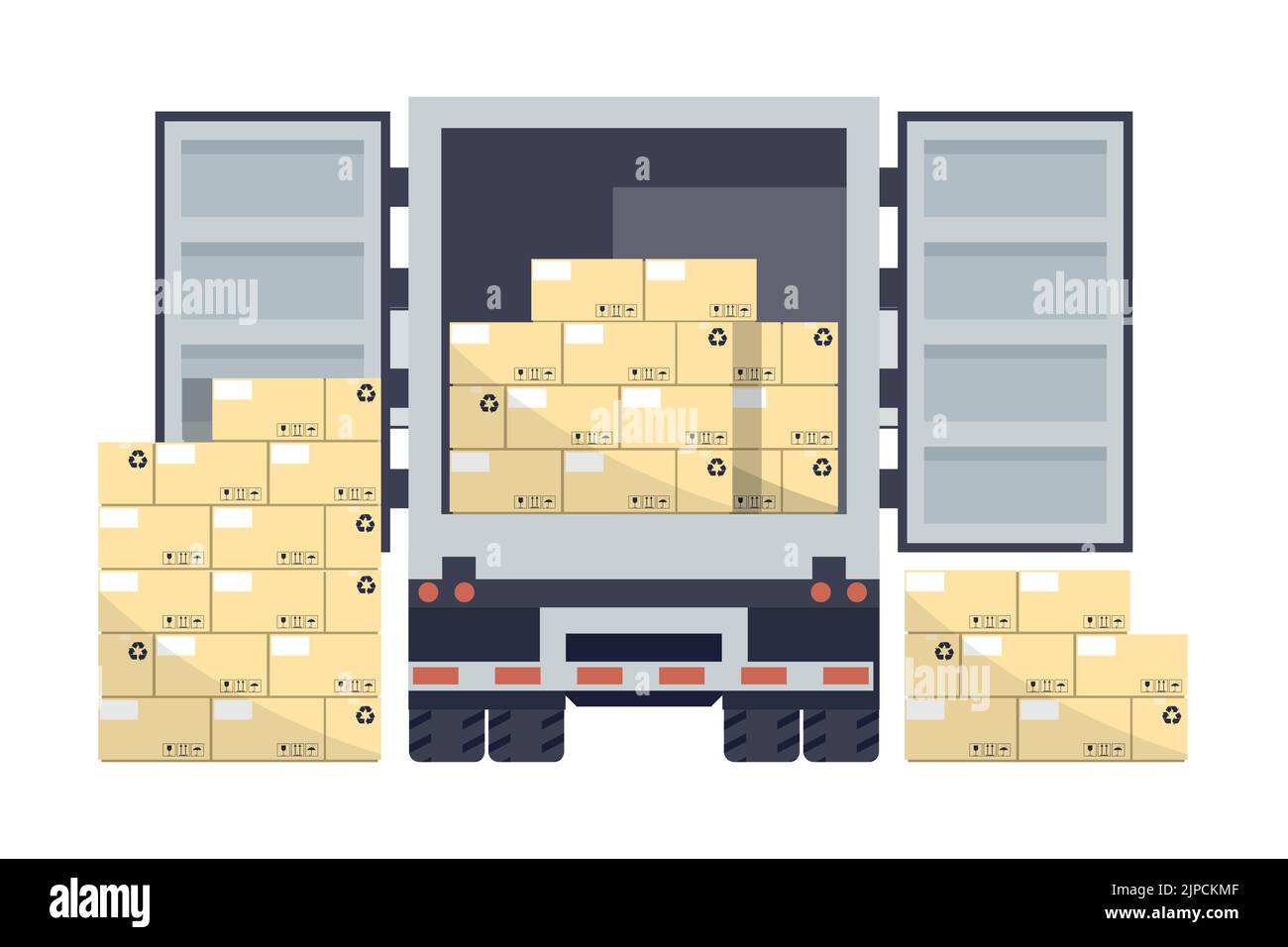 Pallet with boxes stacked in a refrigerator truck for delivery in warehouse. Industrial storage and distribution of products Stock Vector