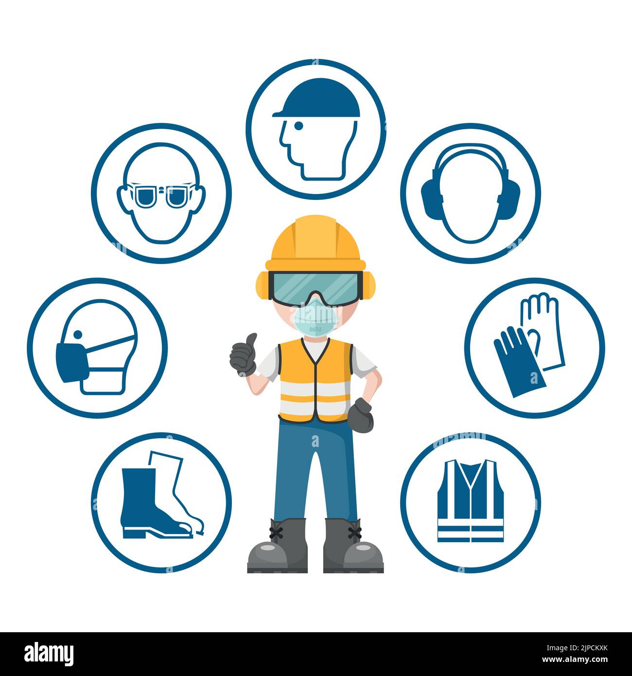 Worker wearing his personal protective equipment. Set of industrial safety and occupational