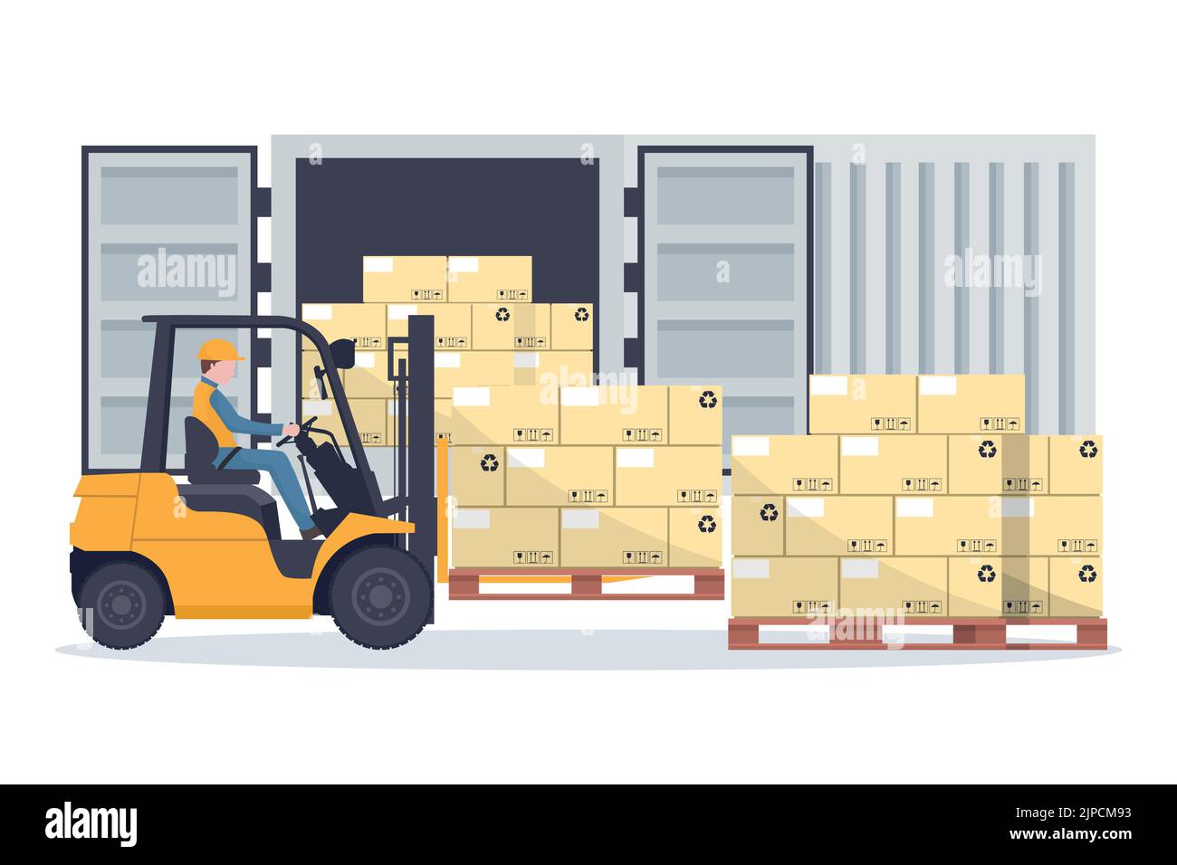 Forklift truck loading pallet with stacked boxes to a cargo container or shipping container for storage and transportation of merchandise. Industrial Stock Vector