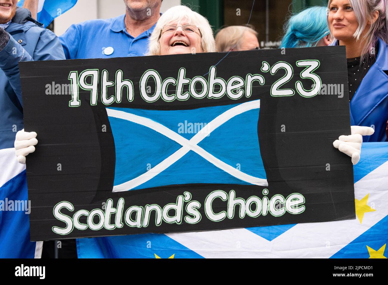 Scottish Independence Referendum 19th October 2023 placard held at Conservative Leadership Election Hustings in Perth, Scotland, UK 16 August 2022 Stock Photo