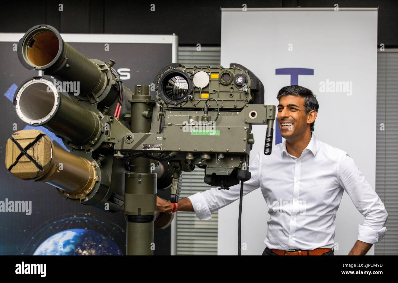 Rishi Sunak during a campaign visit to Thales Defence System plant in Belfast, as part of his campaign to be leader of the Conservative Party and the next prime minister. Picture date: Wednesday August 17, 2022. Stock Photo