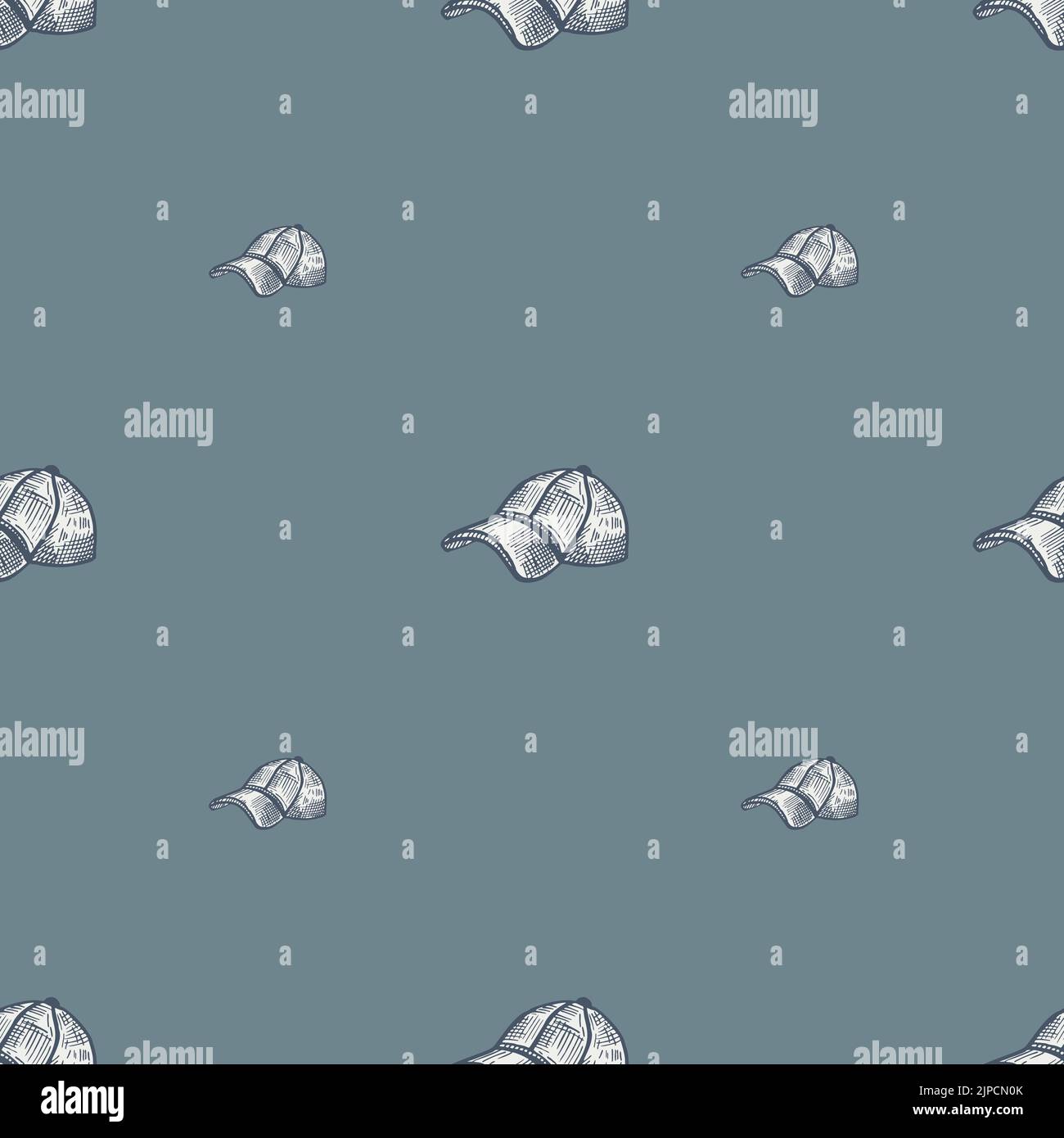 Baseball cap engraving seamless pattern. Casual modern headwear in hand