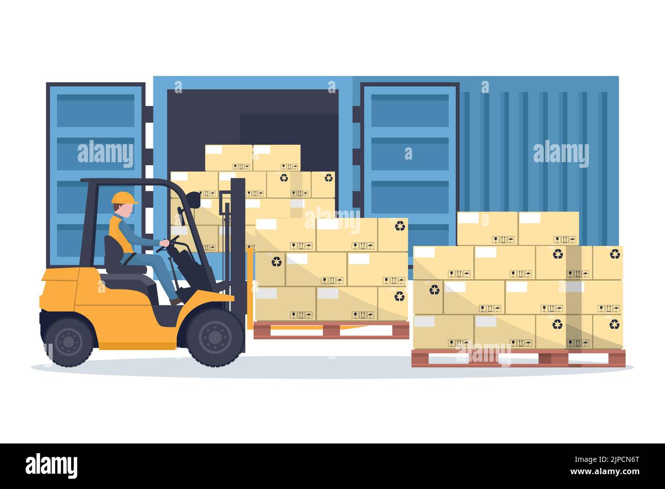 Forklift truck loading pallet with stacked boxes to a blue cargo container or shipping container for storage and transportation of merchandise. Indust Stock Vector